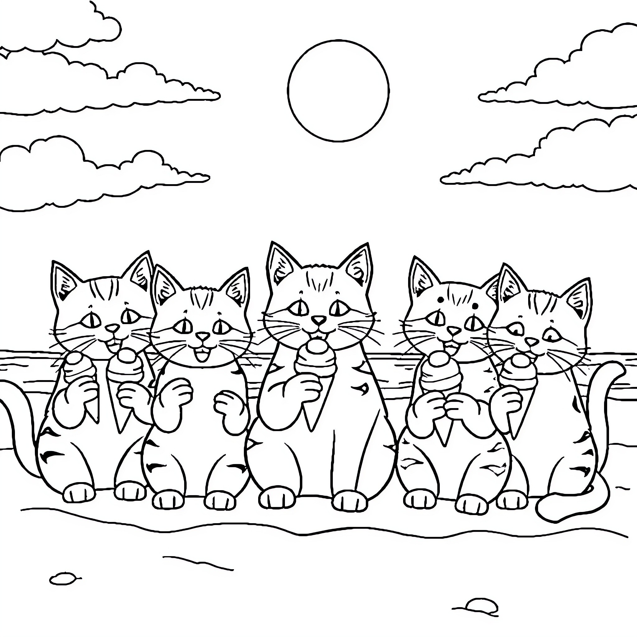 Cat friends enjoying the outdoors together Coloring Page (free black-and-white line drawing printable PDF for all, from beginners to advanced learners, including children, teens, adults, and seniors)