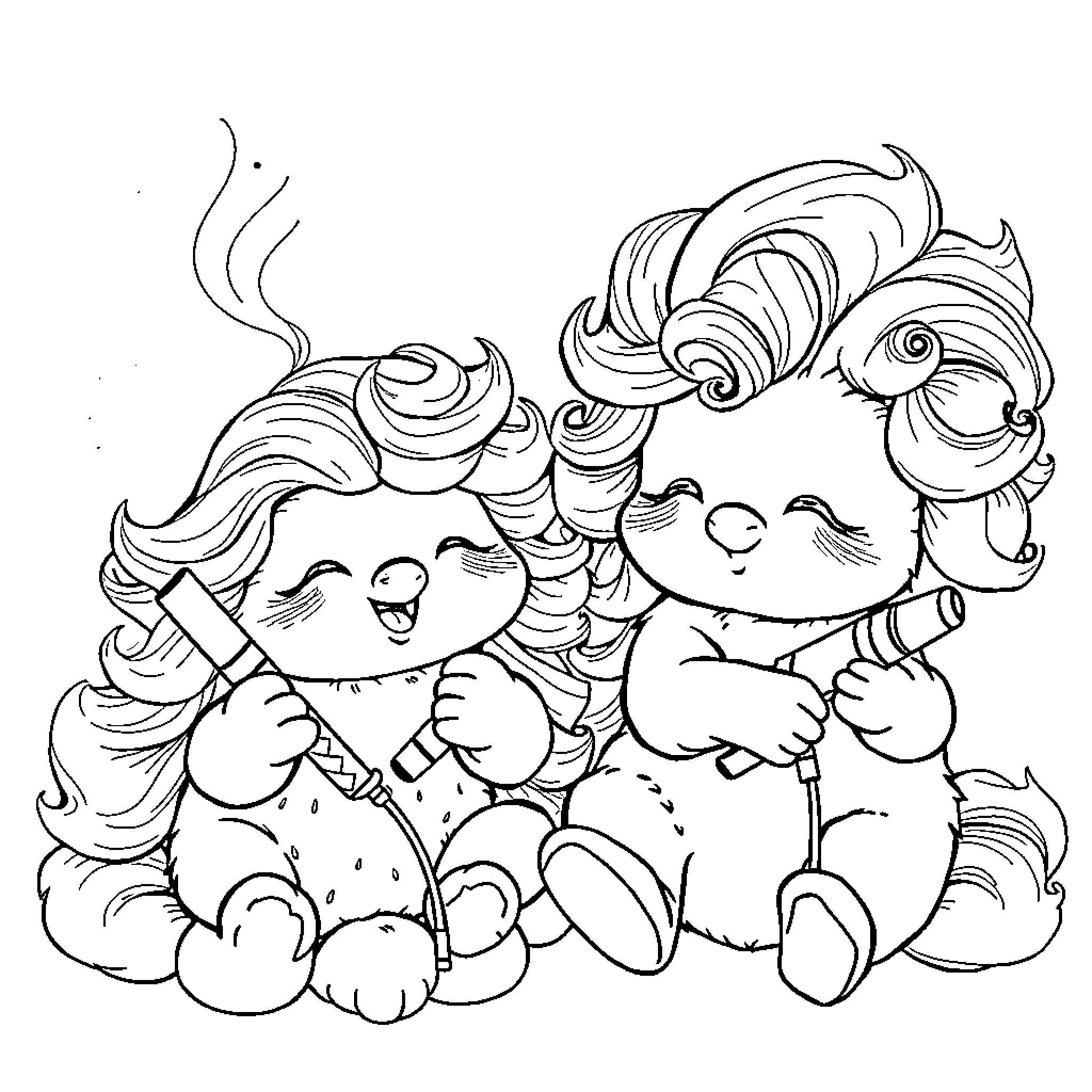 Creature playing happily with toys Coloring Page (free black-and-white line drawing printable PDF for all, from beginners to advanced learners, including children, teens, adults, and seniors)