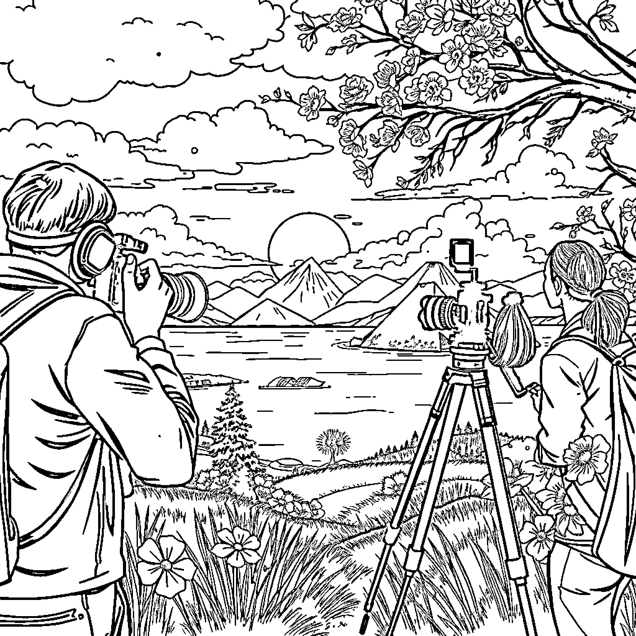 Photography of artistic landscape with people at work Coloring Page (free black-and-white line drawing printable PDF for all, from beginners to advanced learners, including children, teens, adults, and seniors)