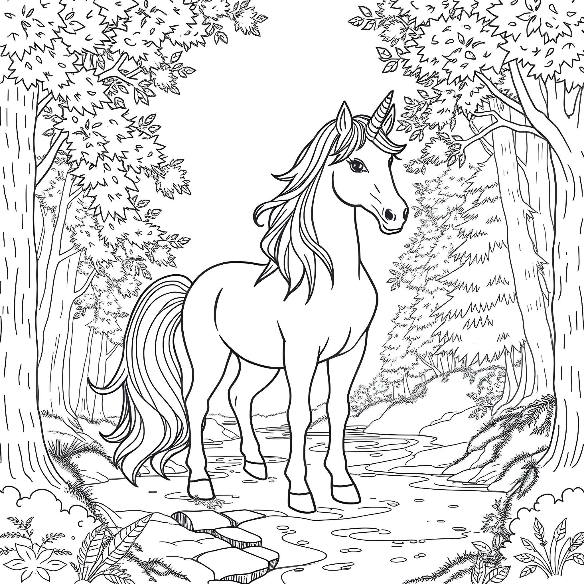 Unicorn standing gracefully in the enchanted forest Coloring Page (free black-and-white line drawing printable PDF for all, from beginners to advanced learners, including children, teens, adults, and seniors)