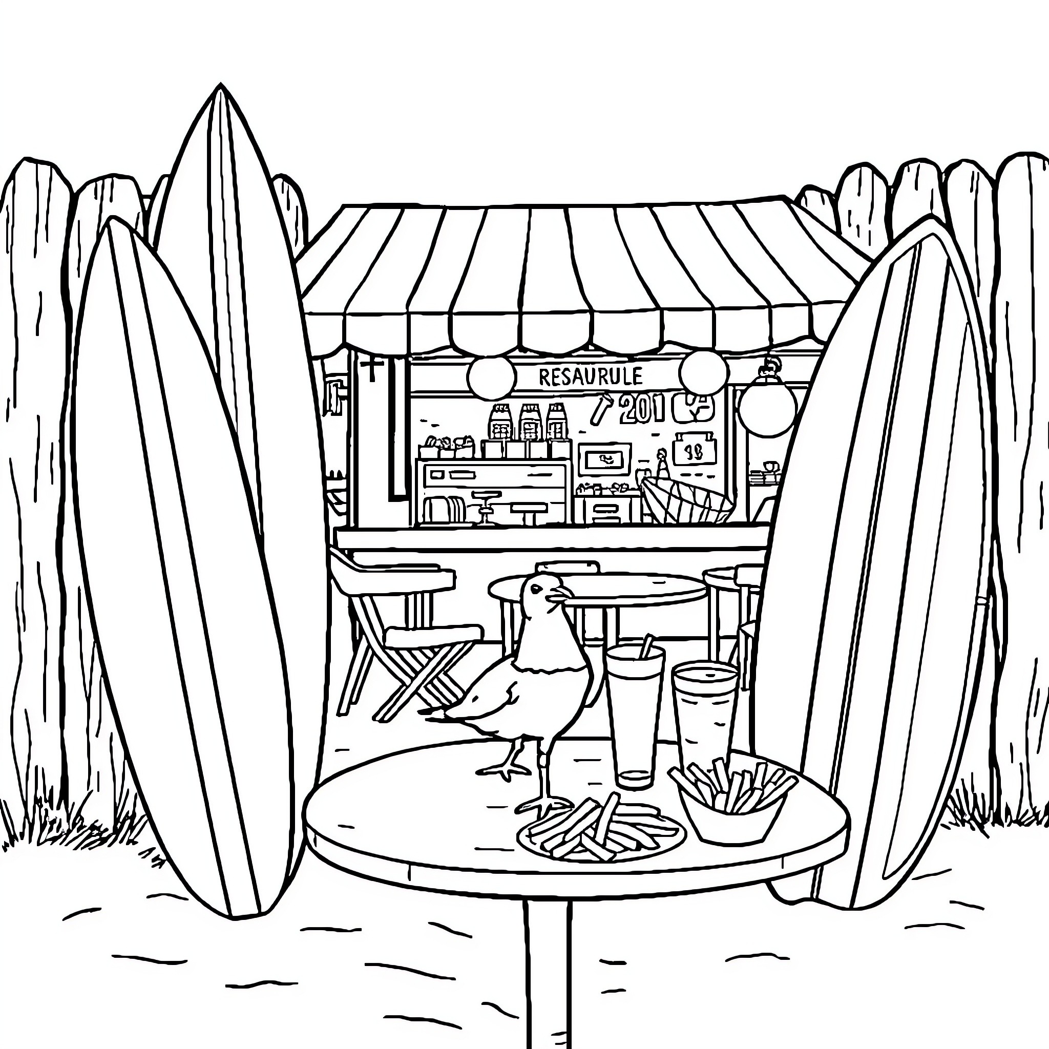Surfboard-themed beachside restaurant with outdoor seating Coloring Page (free black-and-white line drawing printable PDF for all, from beginners to advanced learners, including children, teens, adults, and seniors)