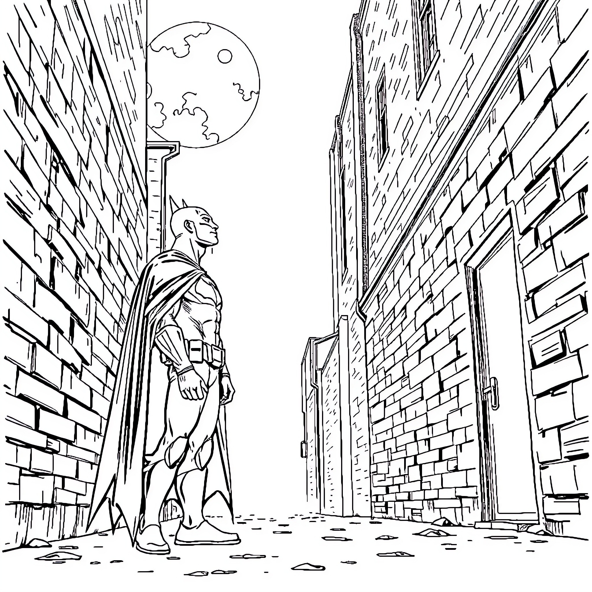 Batman prowling the dark city streets at night Coloring Page (free black-and-white line drawing printable PDF for all, from beginners to advanced learners, including children, teens, adults, and seniors)
