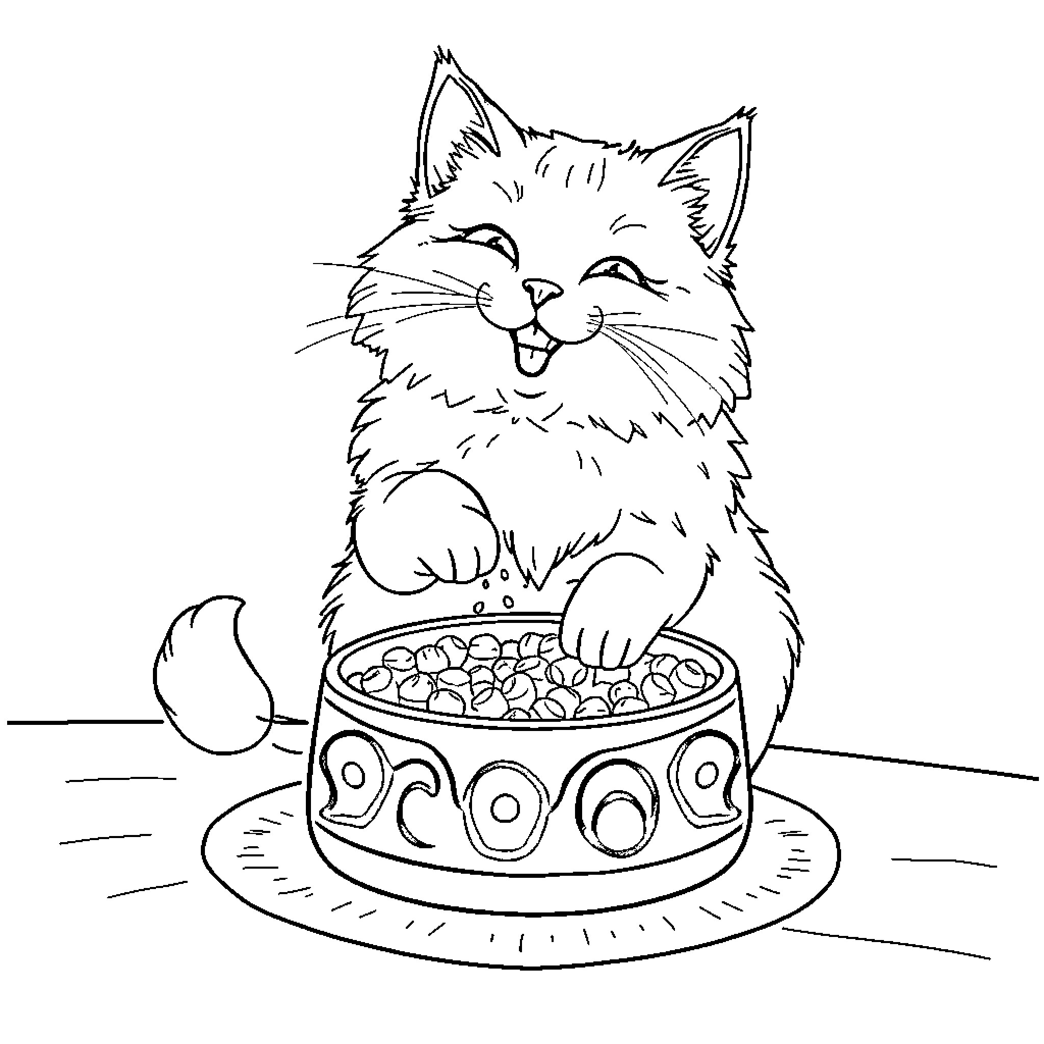 Cat enjoying a tasty meal in a bowl Coloring Page (free black-and-white line drawing printable PDF for all, from beginners to advanced learners, including children, teens, adults, and seniors)