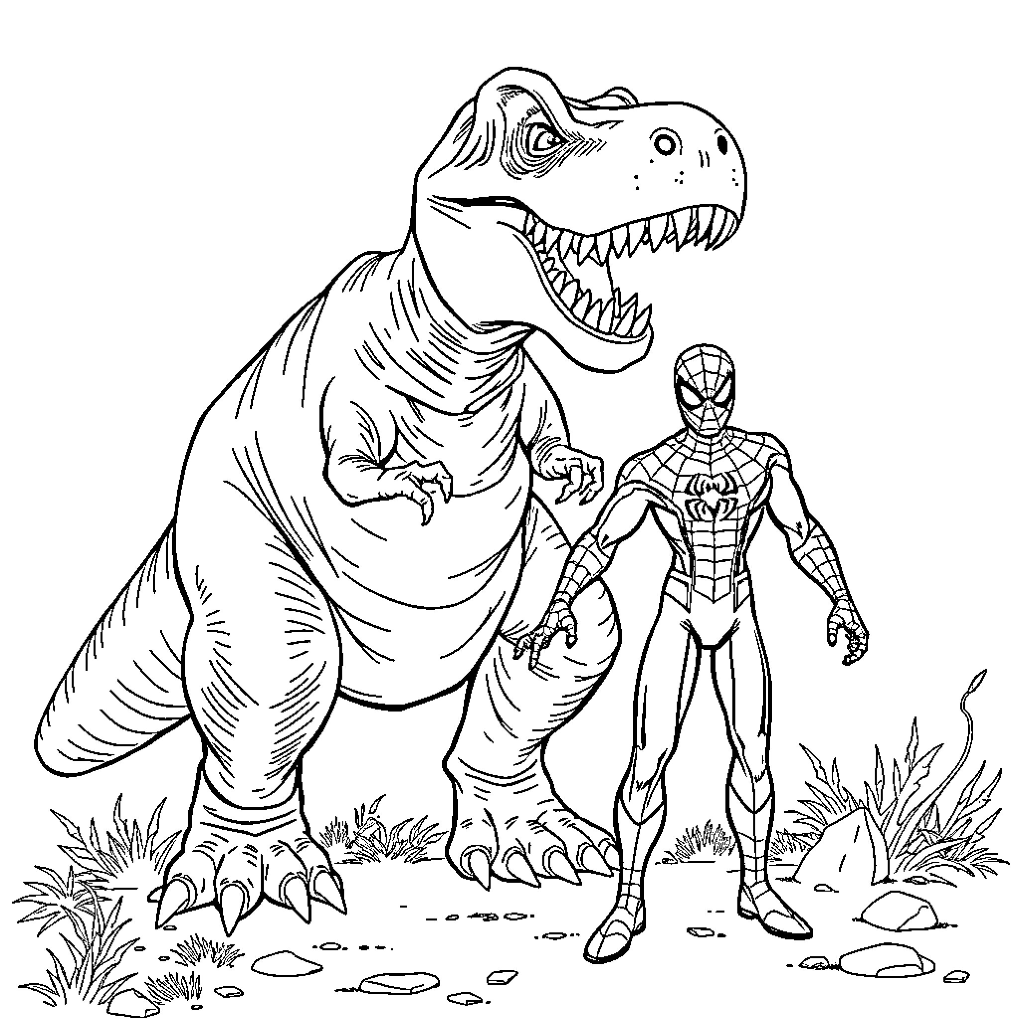 T-Rex towering over Spider-Man in the wilderness Coloring Page (free black-and-white line drawing printable PDF for all, from beginners to advanced learners, including children, teens, adults, and seniors)