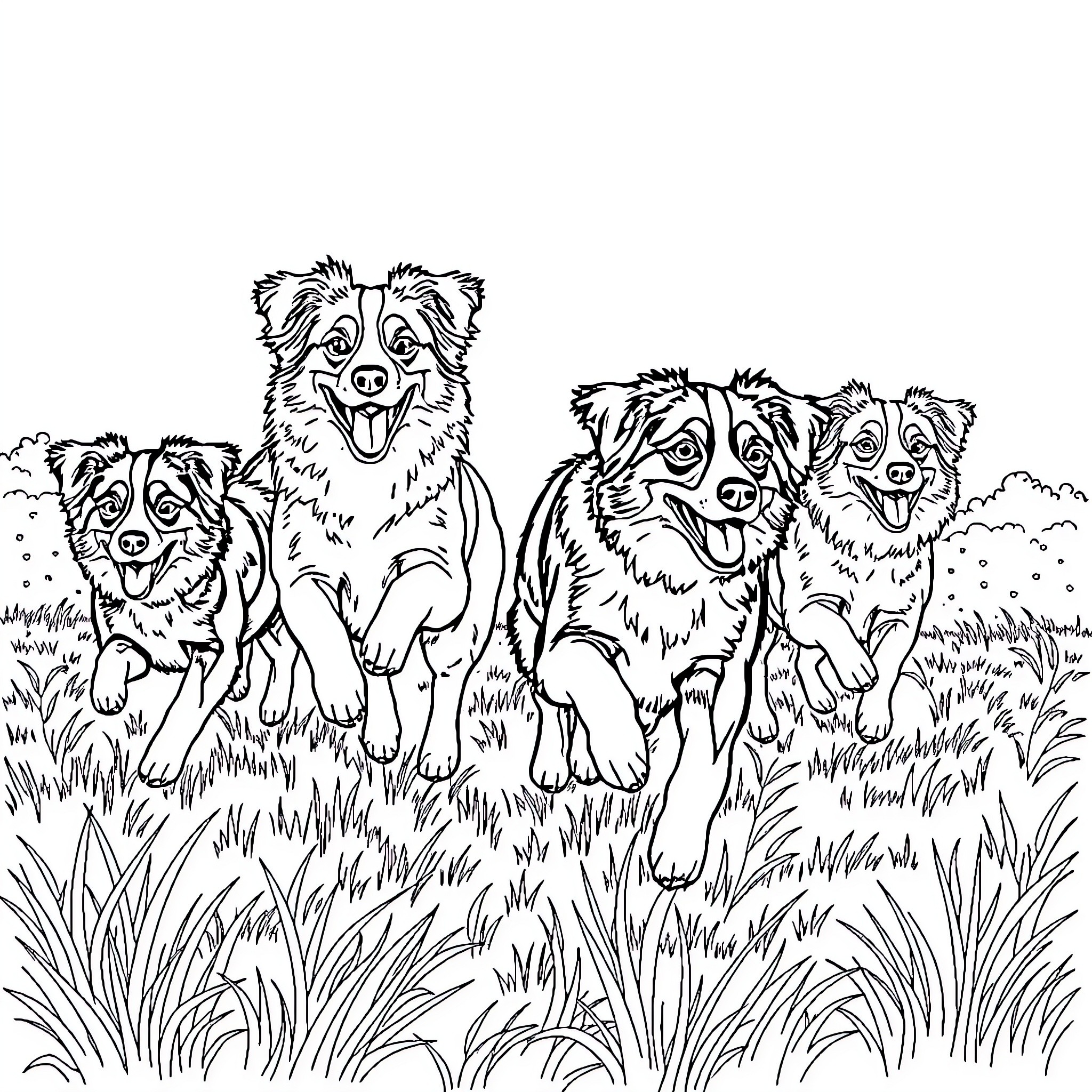 Australian Shepherd family playing happily in the field Coloring Page (free black-and-white line drawing printable PDF for all, from beginners to advanced learners, including children, teens, adults, and seniors)