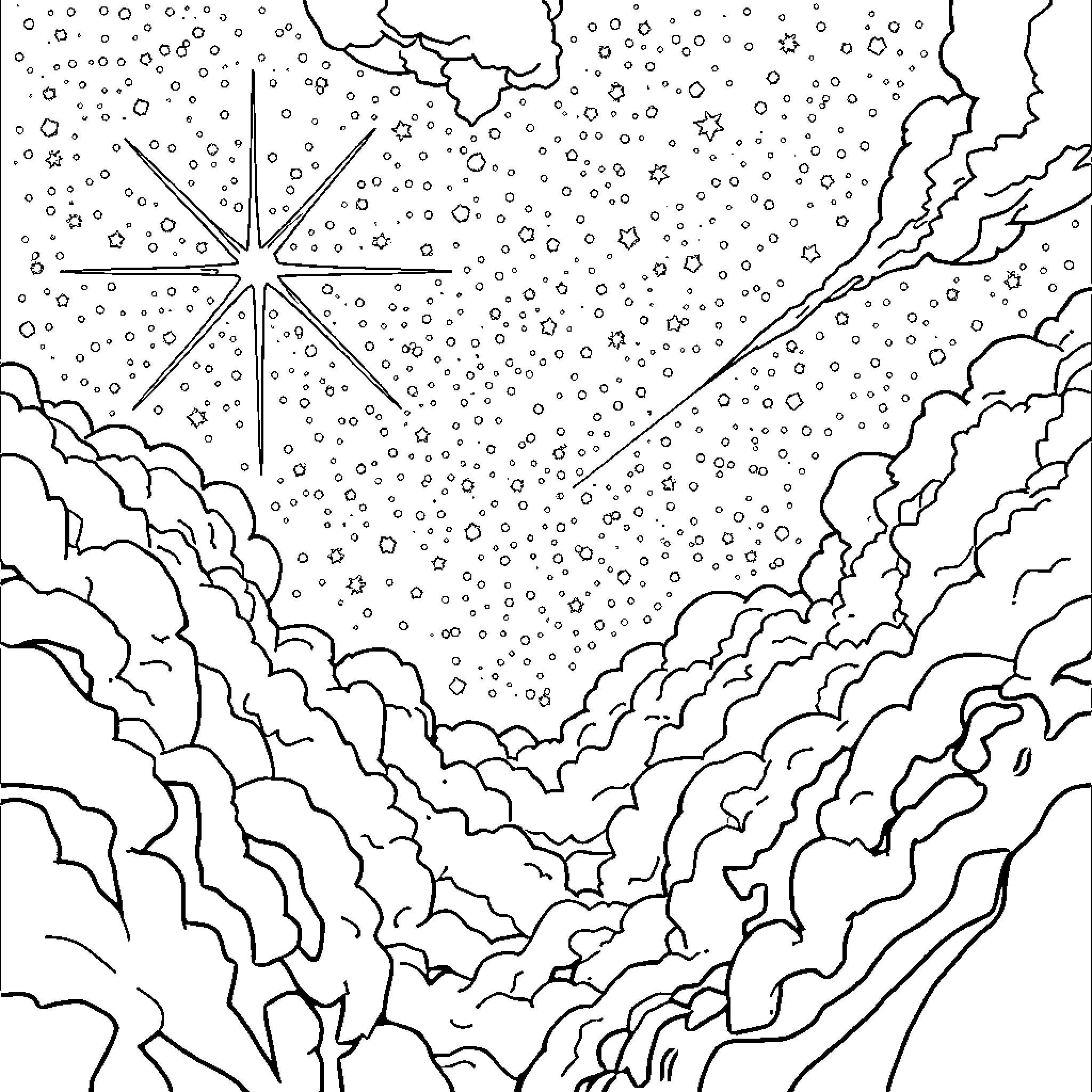 Rocket launching through cosmic clouds and stars Coloring Page (free black-and-white line drawing printable PDF for all, from beginners to advanced learners, including children, teens, adults, and seniors)