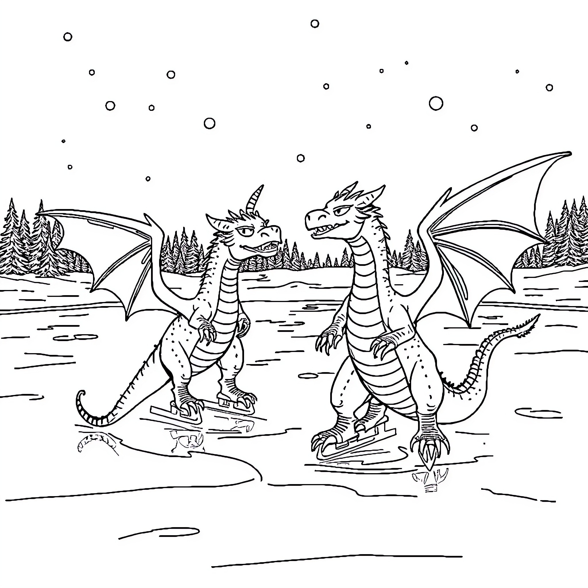Dragons ice skating in a winter wonderland Coloring Page (free black-and-white line drawing printable PDF for all, from beginners to advanced learners, including children, teens, adults, and seniors)