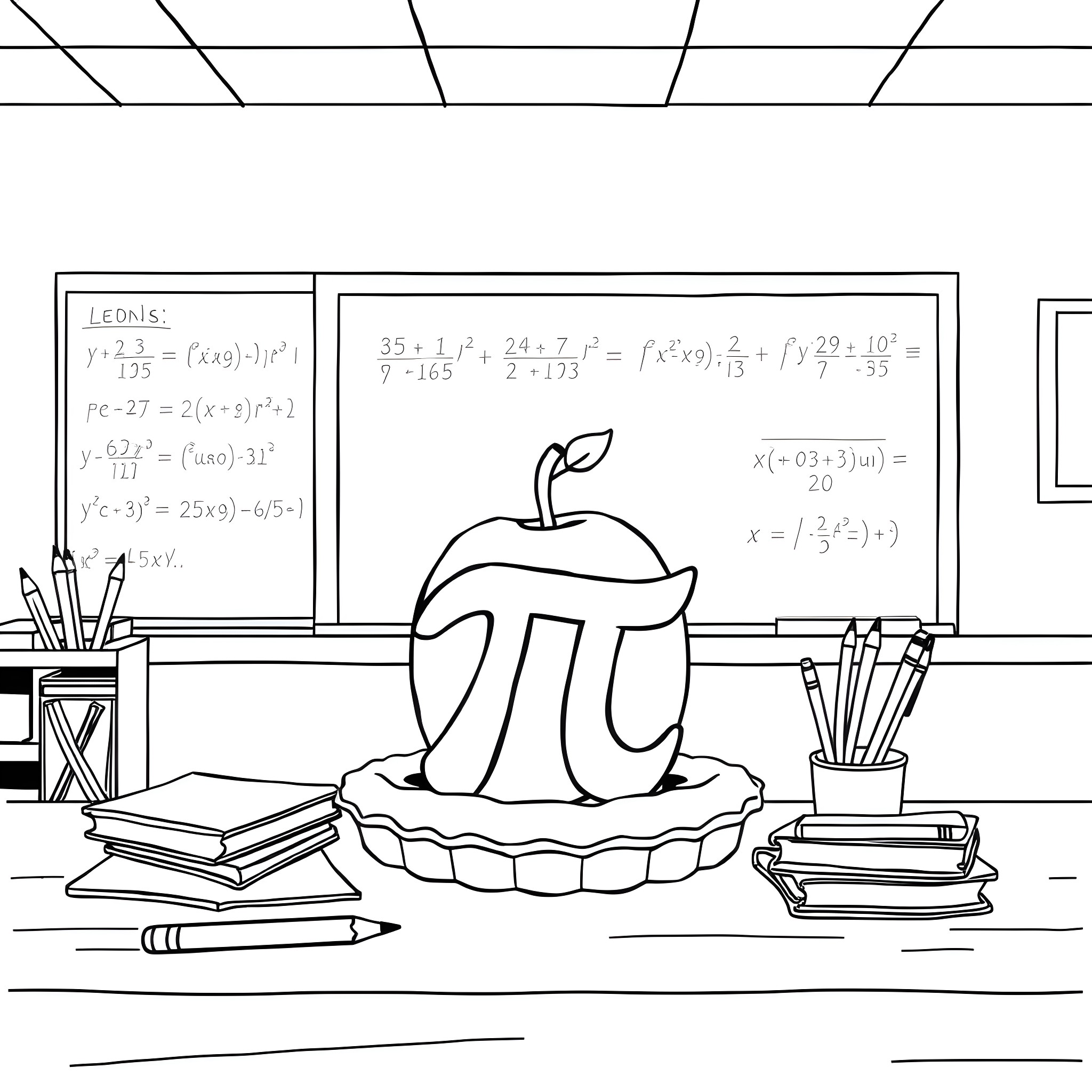 Apple-shaped Pi symbol in a math classroom Coloring Page (free black-and-white line drawing printable PDF for all, from beginners to advanced learners, including children, teens, adults, and seniors)