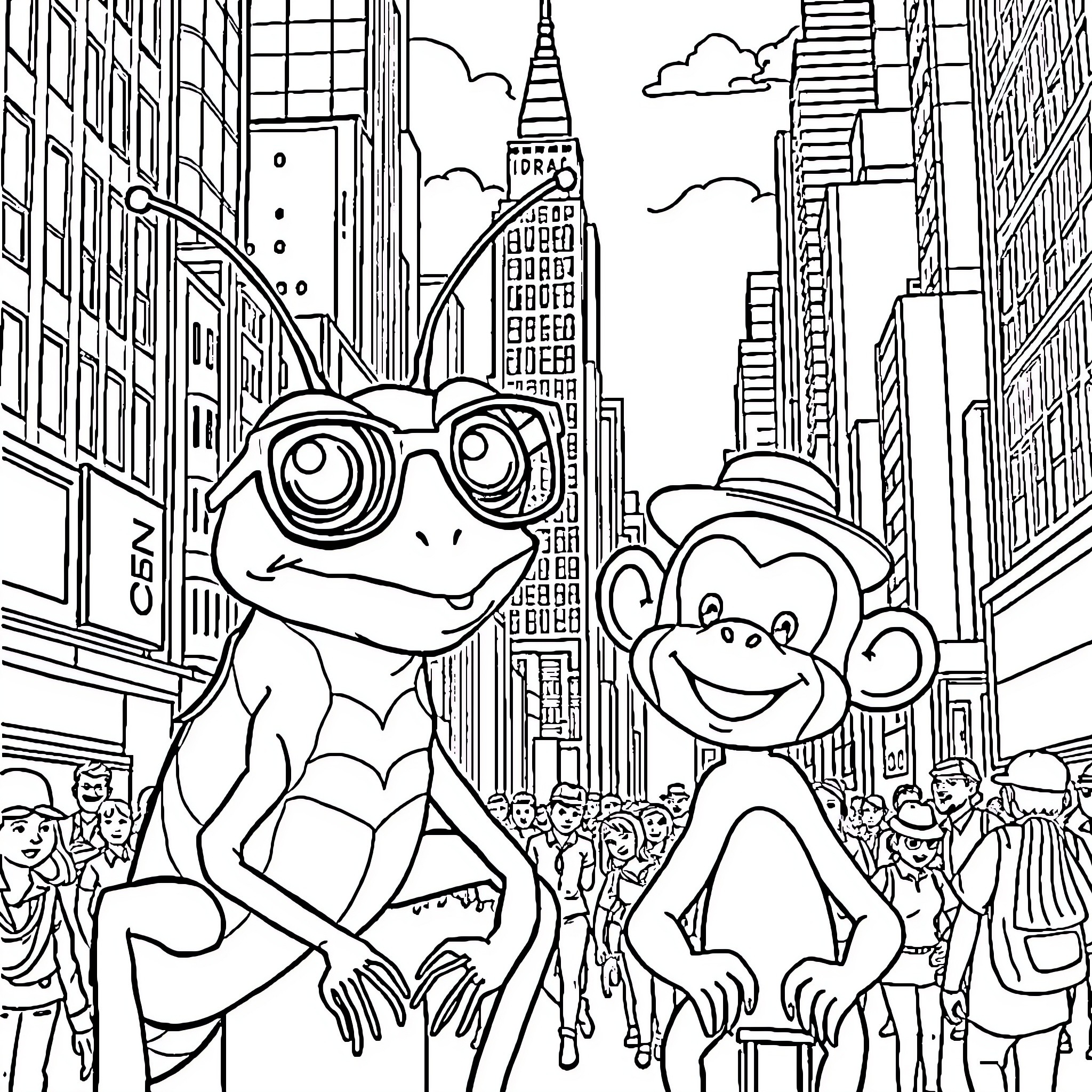 Grasshopper and Monkey in Busy City Street Coloring Page (free black-and-white line drawing printable PDF for all, from beginners to advanced learners, including children, teens, adults, and seniors)