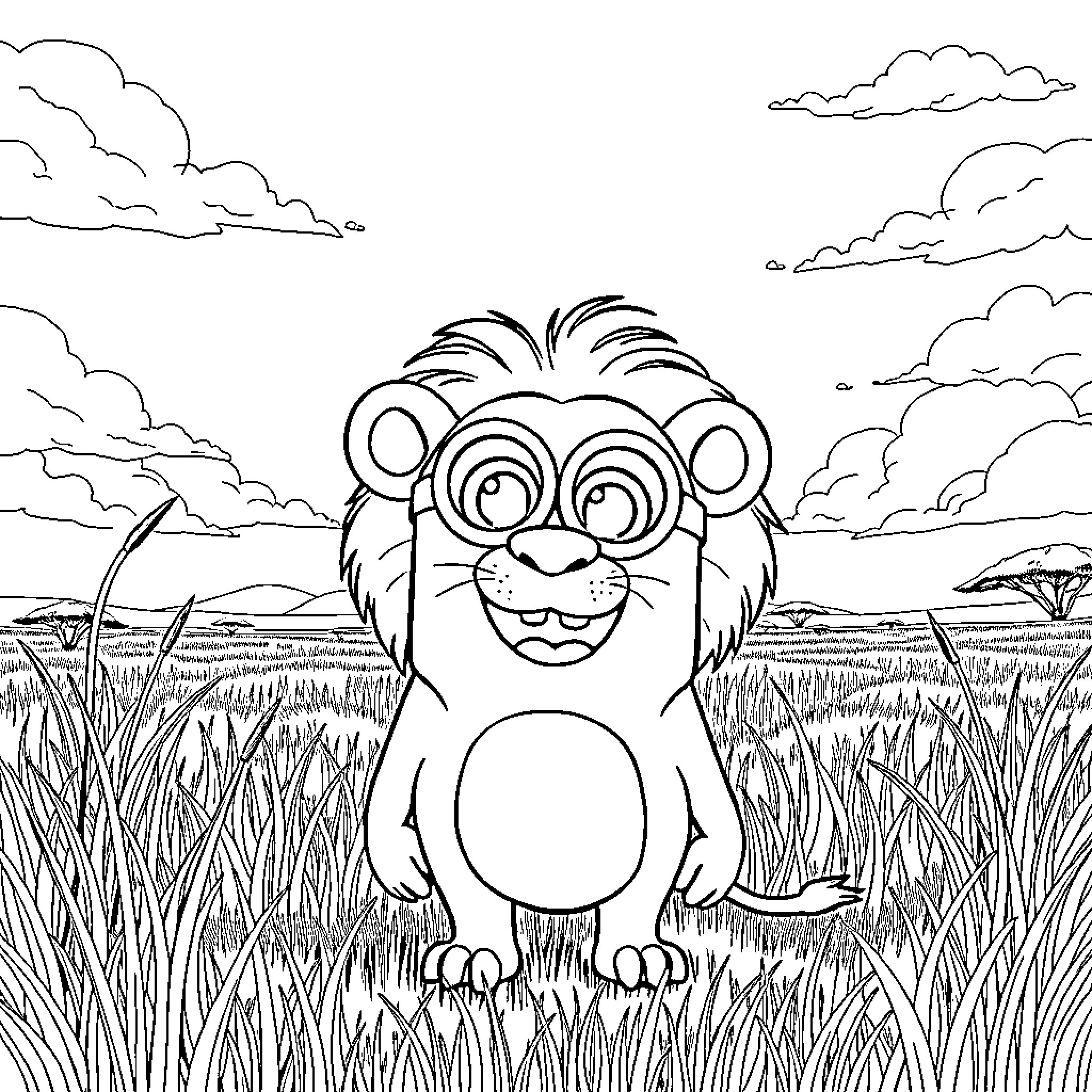 Minion Lion in a Grassy Landscape Coloring Page (free black-and-white line drawing printable PDF for all, from beginners to advanced learners, including children, teens, adults, and seniors)