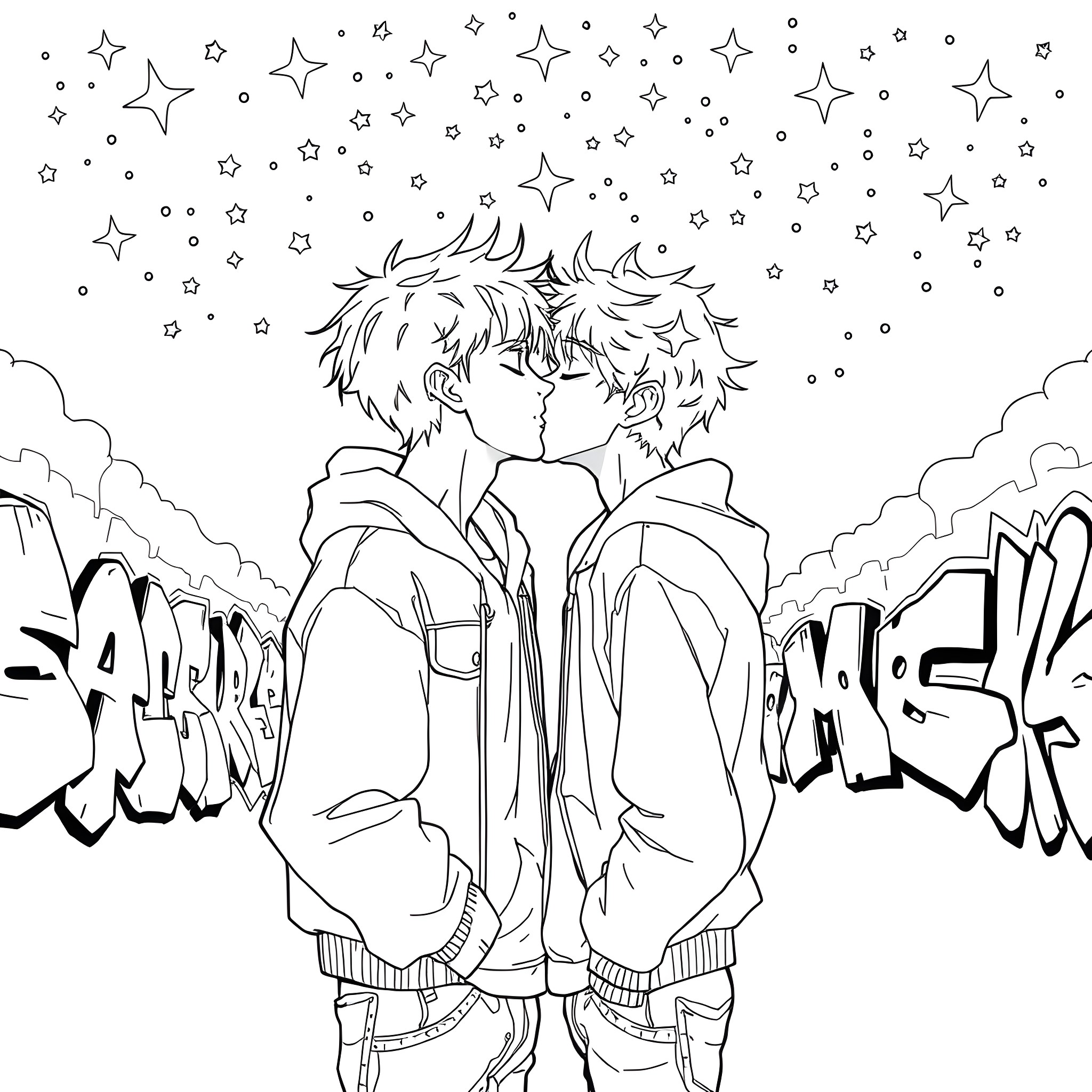 Emo Boy's Intimate Moment Under the Starry Sky Coloring Page (free black-and-white line drawing printable PDF for all, from beginners to advanced learners, including children, teens, adults, and seniors)
