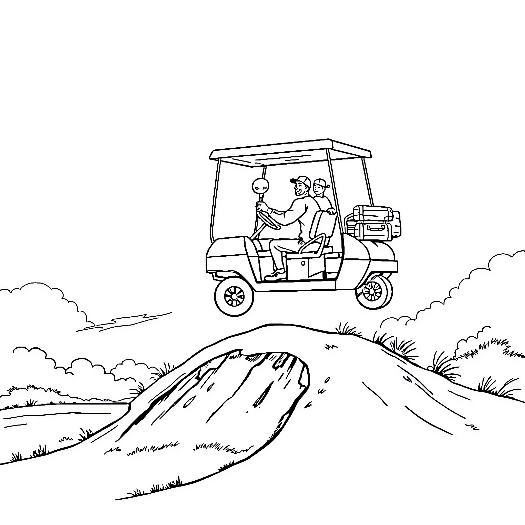 Flying Golf Cart Soaring Over Uneven Terrain Coloring Page (free black-and-white line drawing printable PDF for all, from beginners to advanced learners, including children, teens, adults, and seniors)