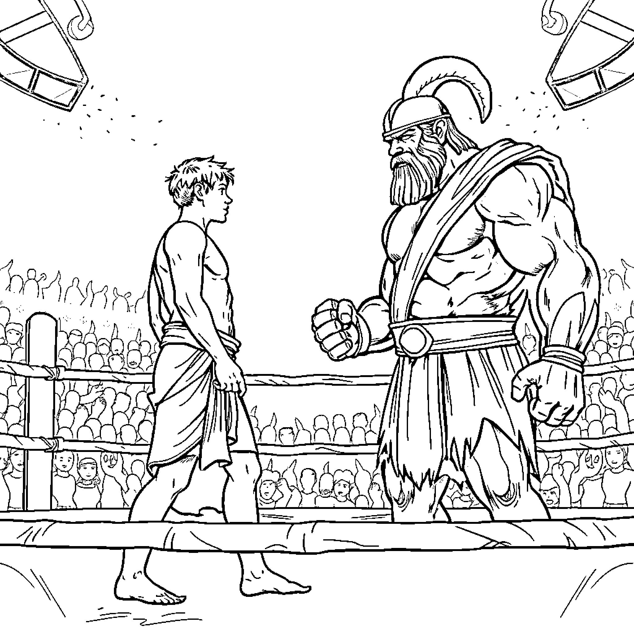 David Confronting the Mighty Warrior Coloring Page (free black-and-white line drawing printable PDF for all, from beginners to advanced learners, including children, teens, adults, and seniors)