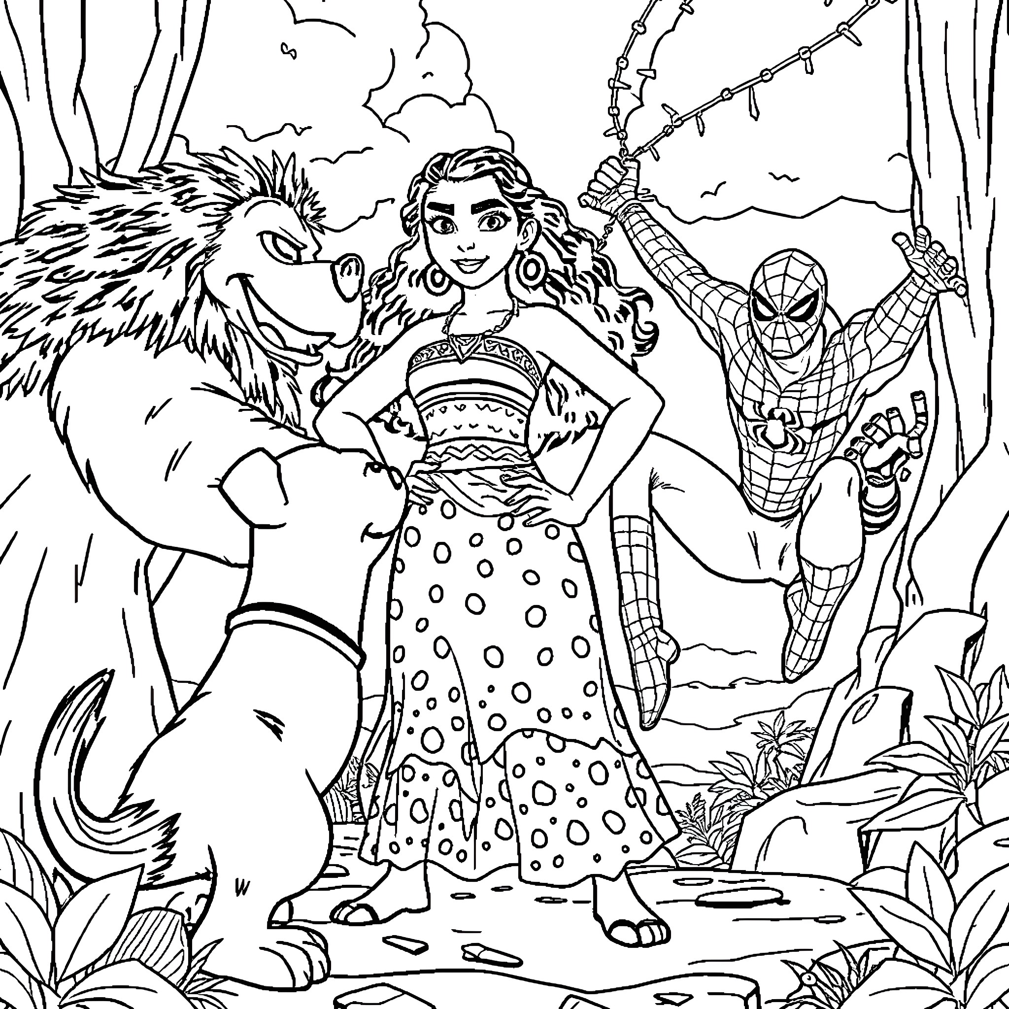 Moana exploring the jungle with animal friends Coloring Page (free black-and-white line drawing printable PDF for all, from beginners to advanced learners, including children, teens, adults, and seniors)