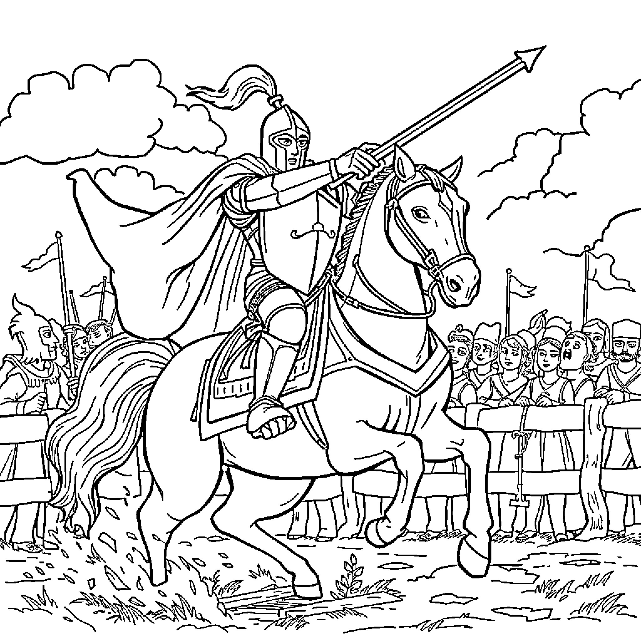 Knight leading a charge into battle on horseback Coloring Page (free black-and-white line drawing printable PDF for all, from beginners to advanced learners, including children, teens, adults, and seniors)