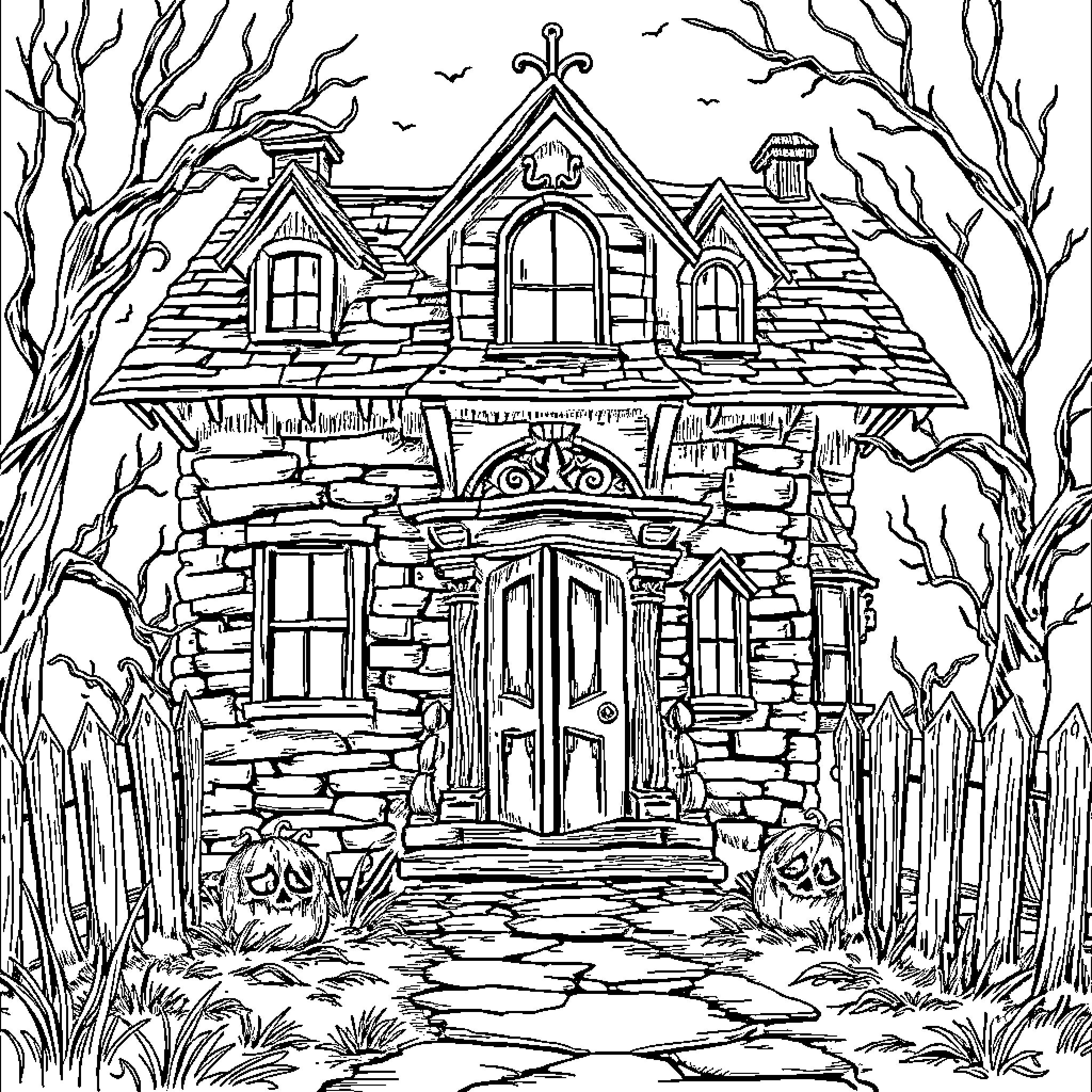 Haunted House with Spooky Atmosphere and Creepy Details Coloring Page (free black-and-white line drawing printable PDF for all, from beginners to advanced learners, including children, teens, adults, and seniors)