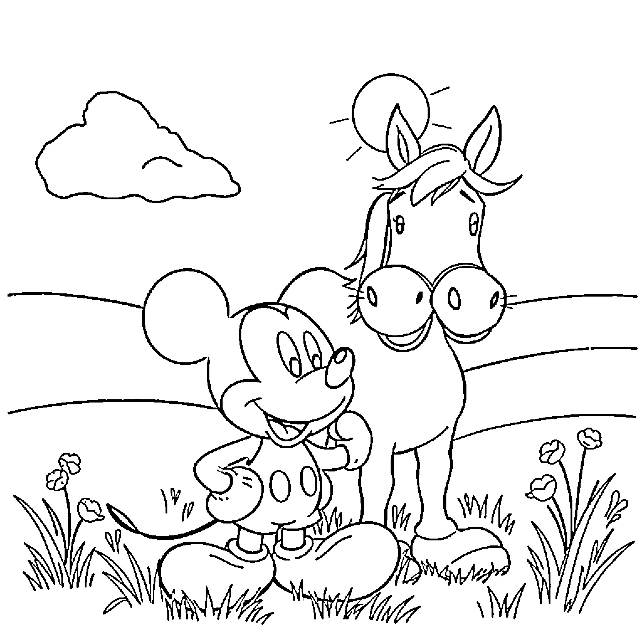 Mickey Mouse playing with a donkey in a pastoral scene Coloring Page (free black-and-white line drawing printable PDF for all, from beginners to advanced learners, including children, teens, adults, and seniors)