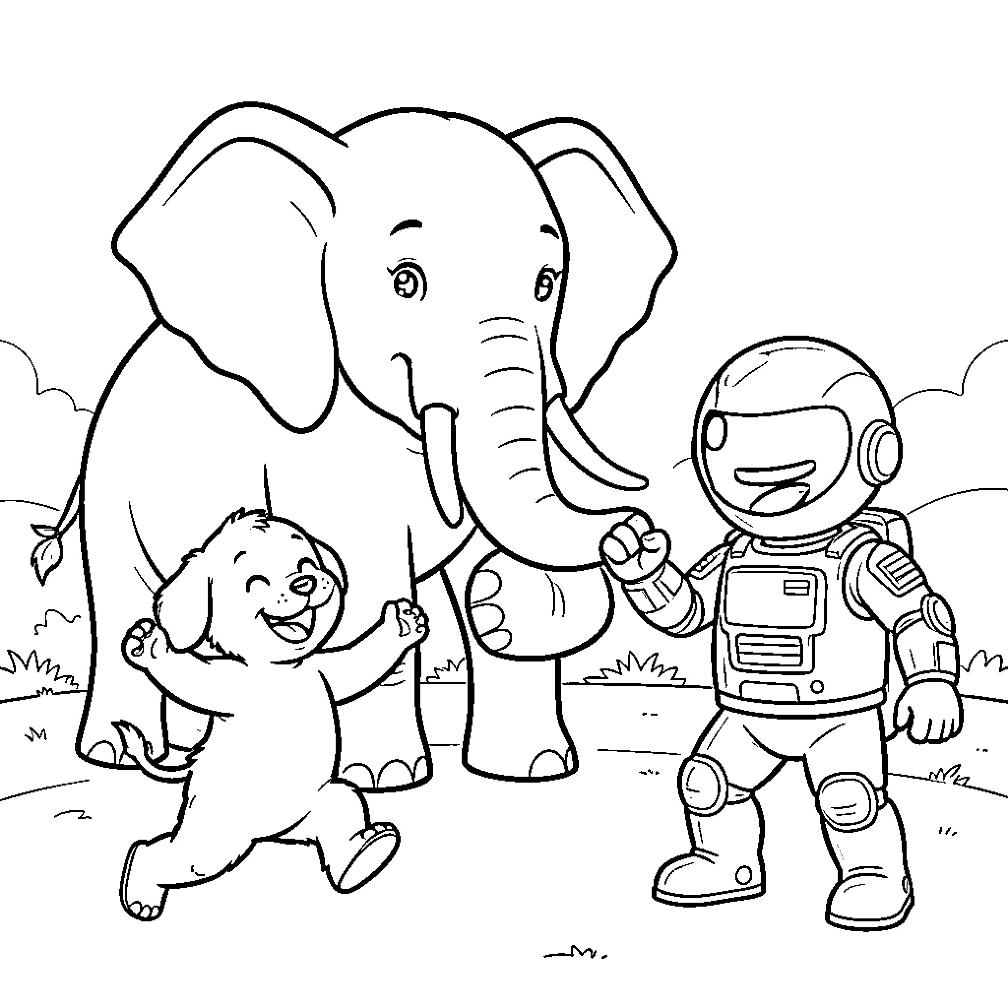 Perro and Elephant Explore with Robot Companion Coloring Page (free black-and-white line drawing printable PDF for all, from beginners to advanced learners, including children, teens, adults, and seniors)