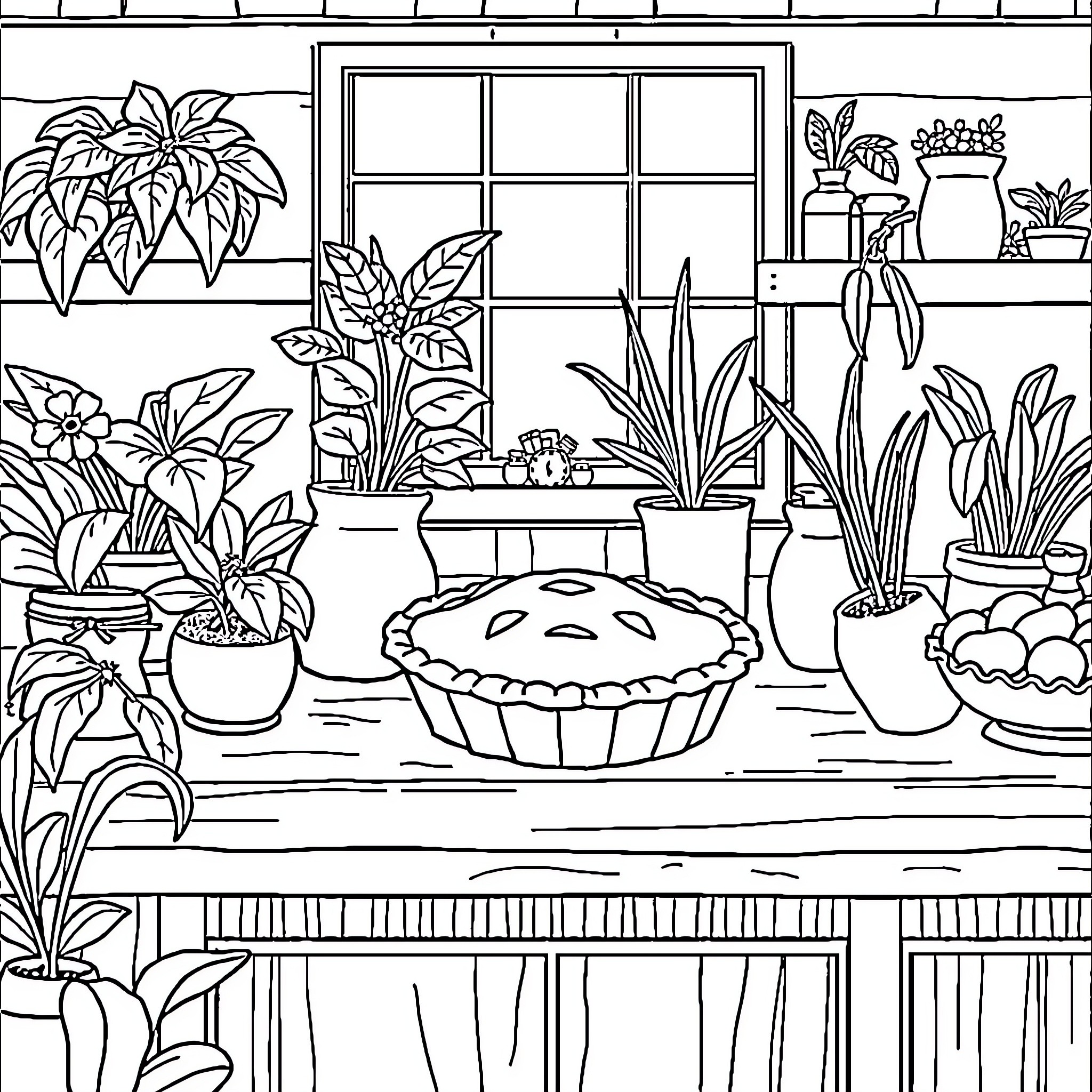Pie Baking in a Cozy Plant-Filled Room Coloring Page (free black-and-white line drawing printable PDF for all, from beginners to advanced learners, including children, teens, adults, and seniors)