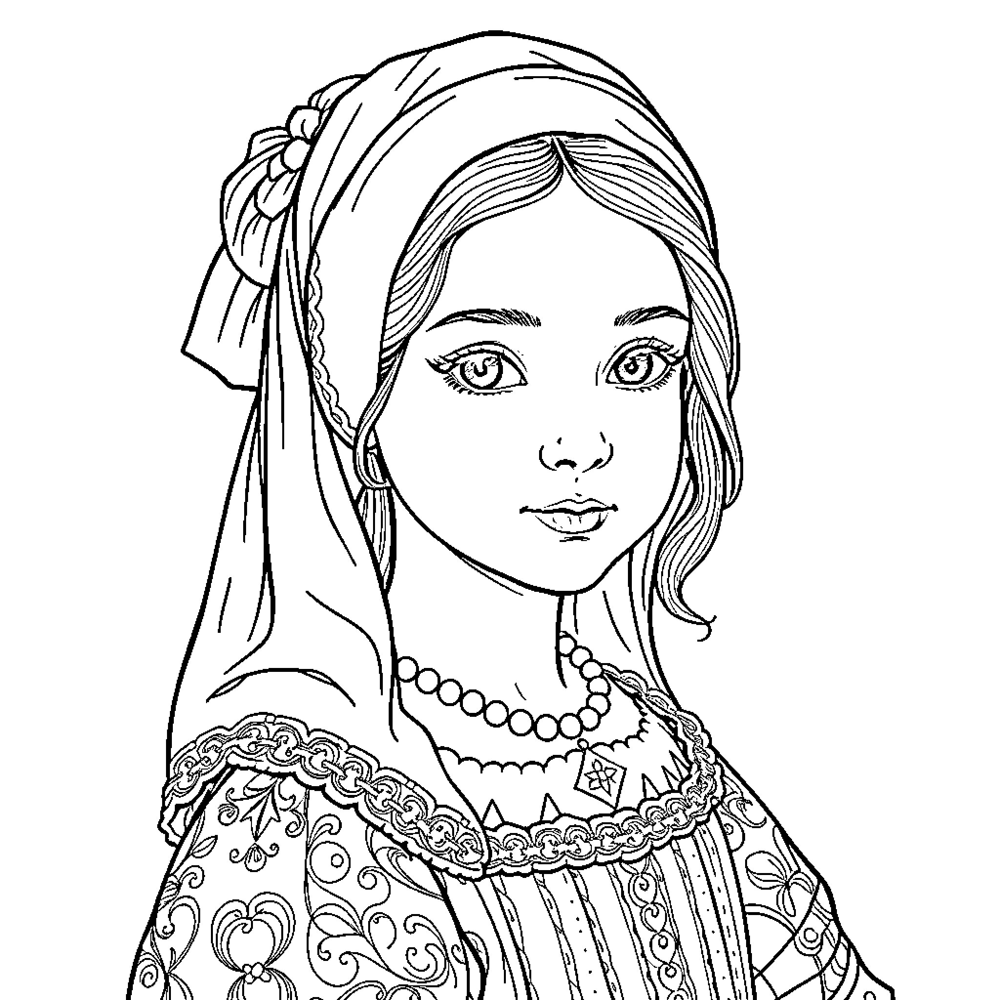 Girl in Traditional Dress with Intricate Patterns Coloring Page (free black-and-white line drawing printable PDF for all, from beginners to advanced learners, including children, teens, adults, and seniors)
