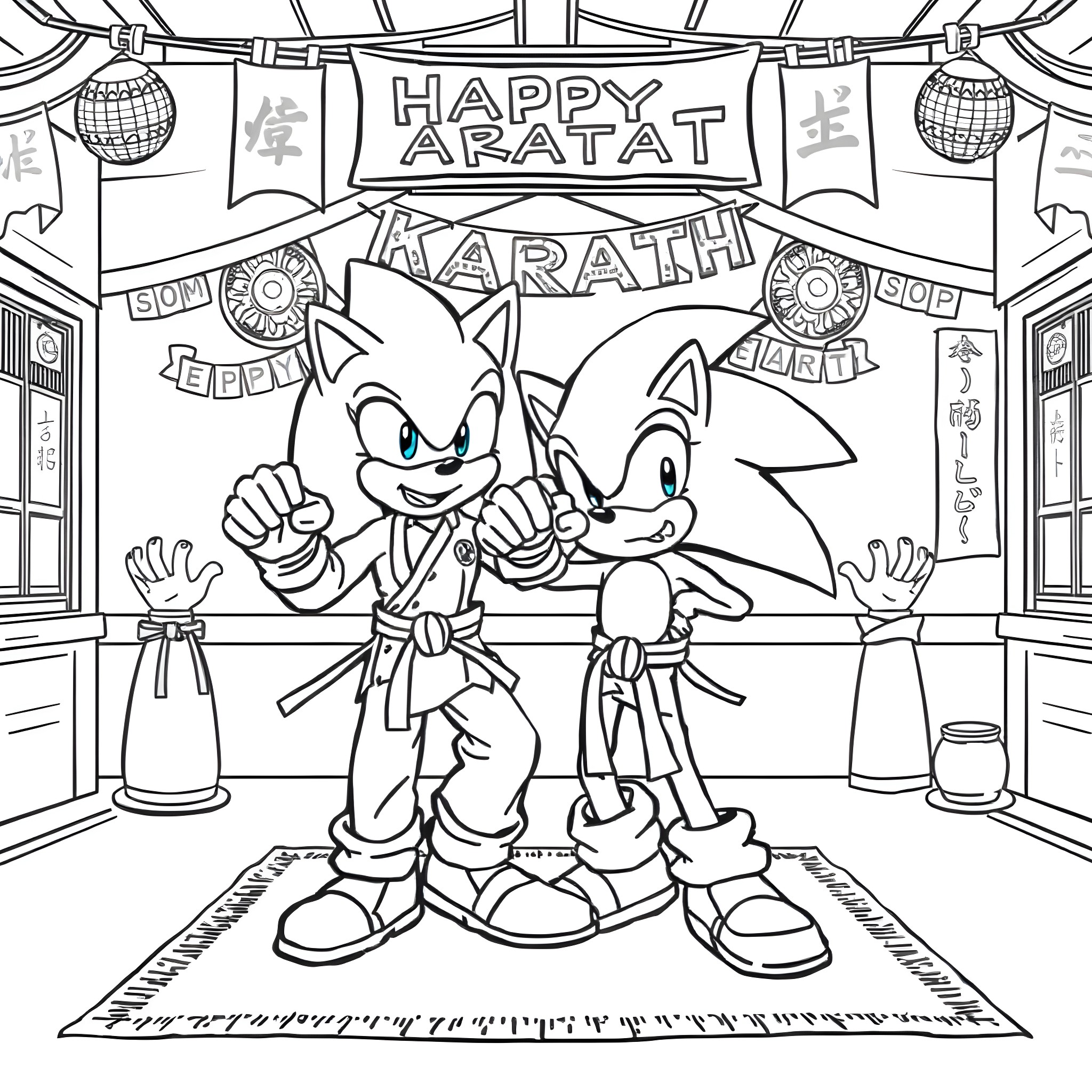 Sonic and Tails Celebrate Happy Karate Coloring Page (free black-and-white line drawing printable PDF for all, from beginners to advanced learners, including children, teens, adults, and seniors)