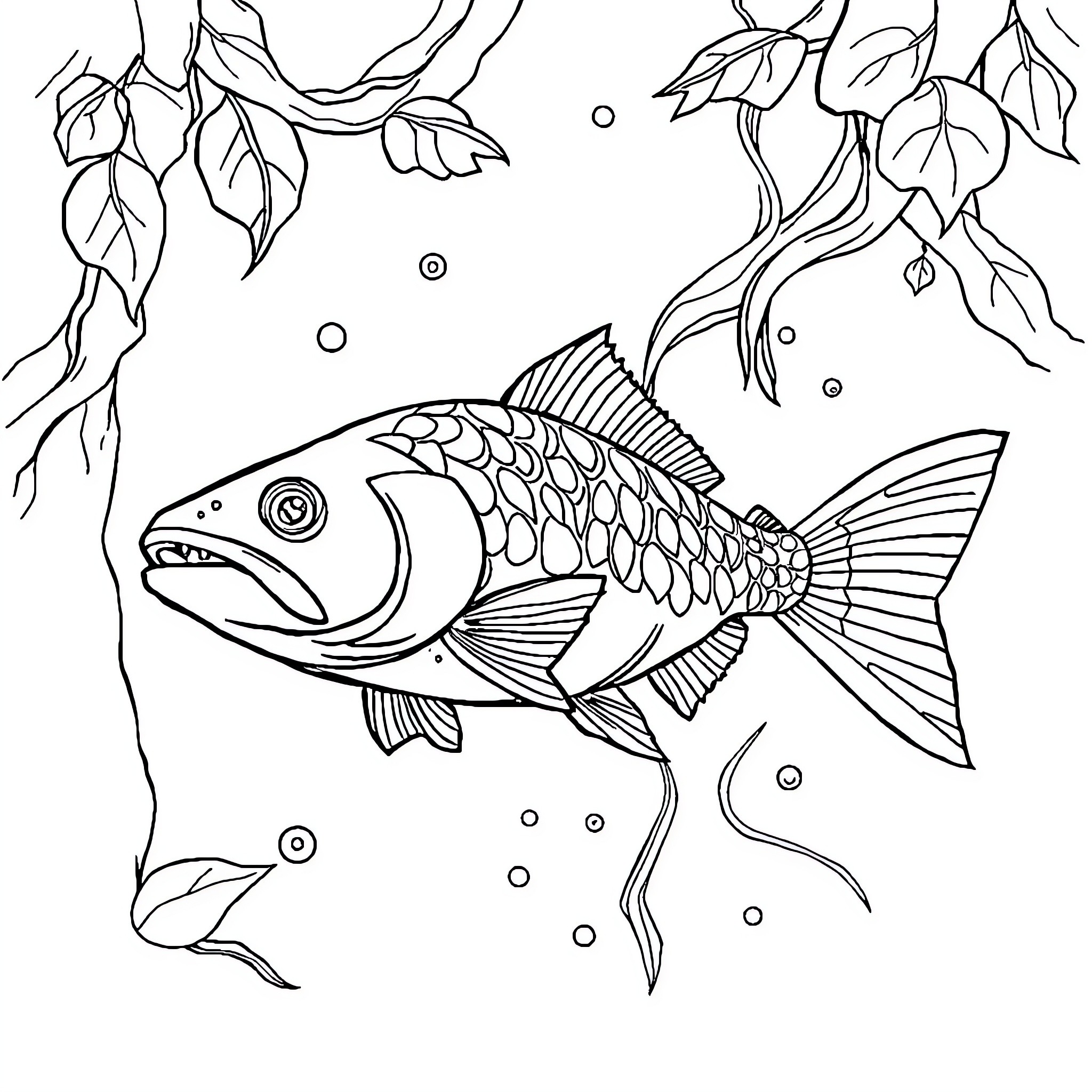 Chicken and Fish swimming among aquatic plants Coloring Page (free black-and-white line drawing printable PDF for all, from beginners to advanced learners, including children, teens, adults, and seniors)