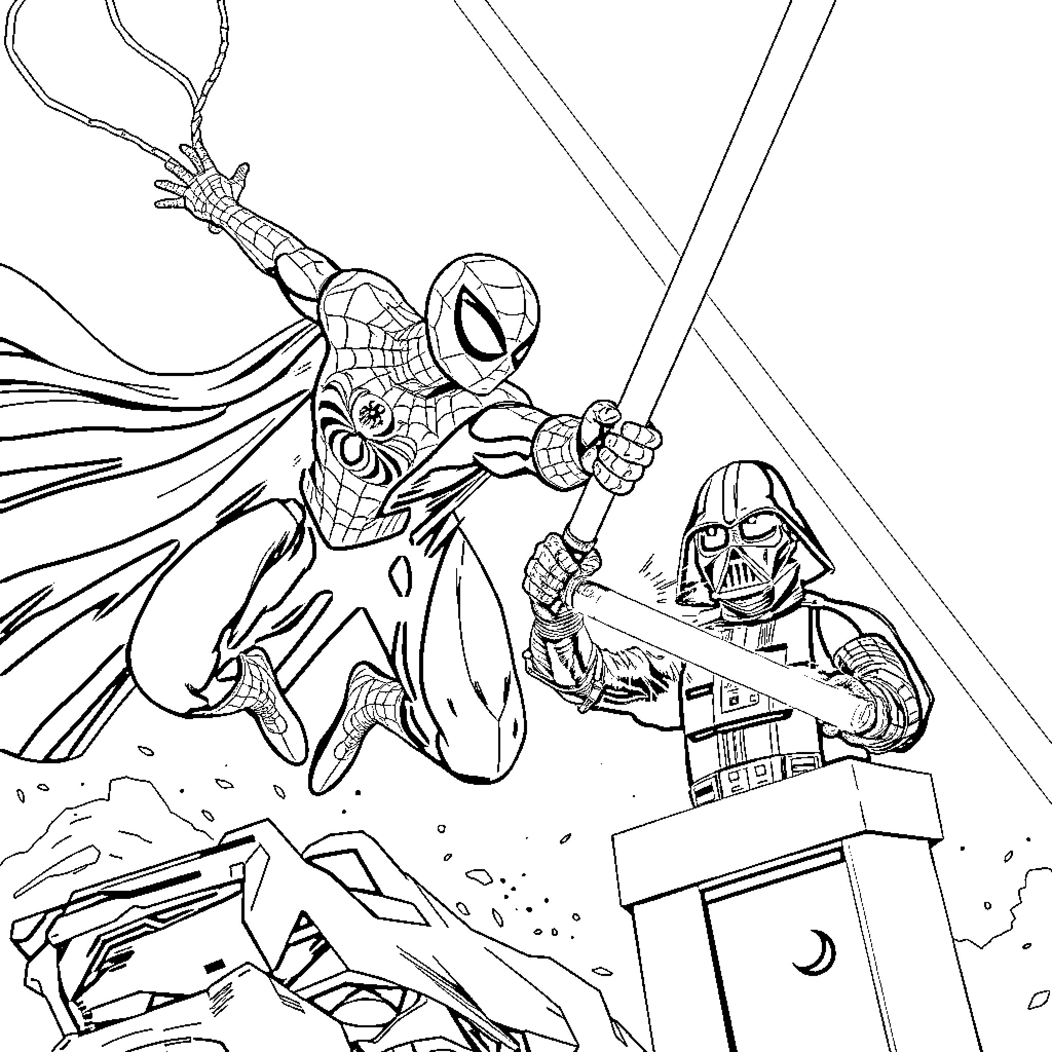 Spiderman confronting Darth Vader in a dramatic scene Coloring Page (free black-and-white line drawing printable PDF for all, from beginners to advanced learners, including children, teens, adults, and seniors)