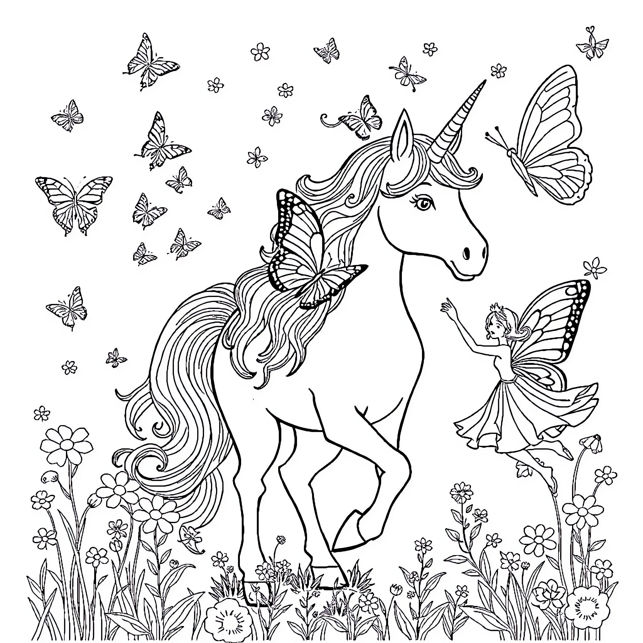 Butterfly Unicorn surrounded by butterflies and fairies Coloring Page (free black-and-white line drawing printable PDF for all, from beginners to advanced learners, including children, teens, adults, and seniors)