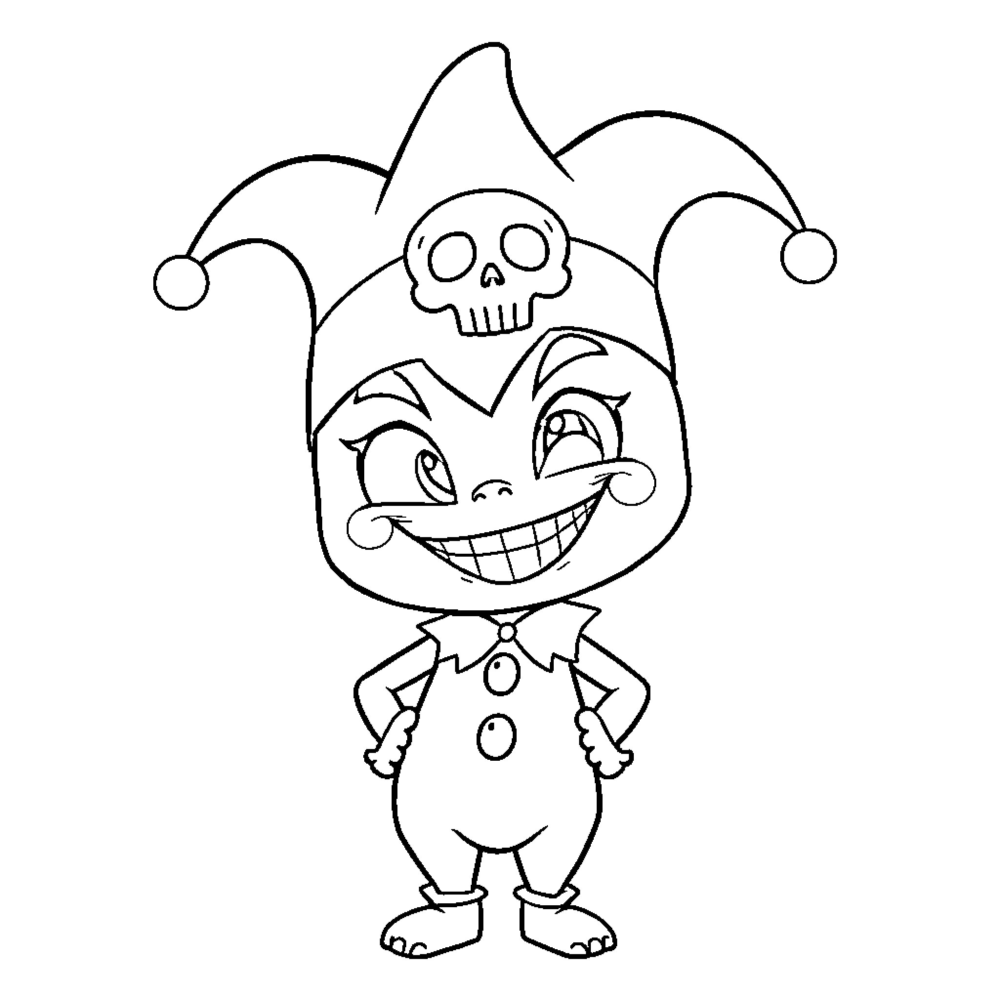 Kuromi in a Playful Jester Outfit Coloring Page (free black-and-white line drawing printable PDF for all, from beginners to advanced learners, including children, teens, adults, and seniors)