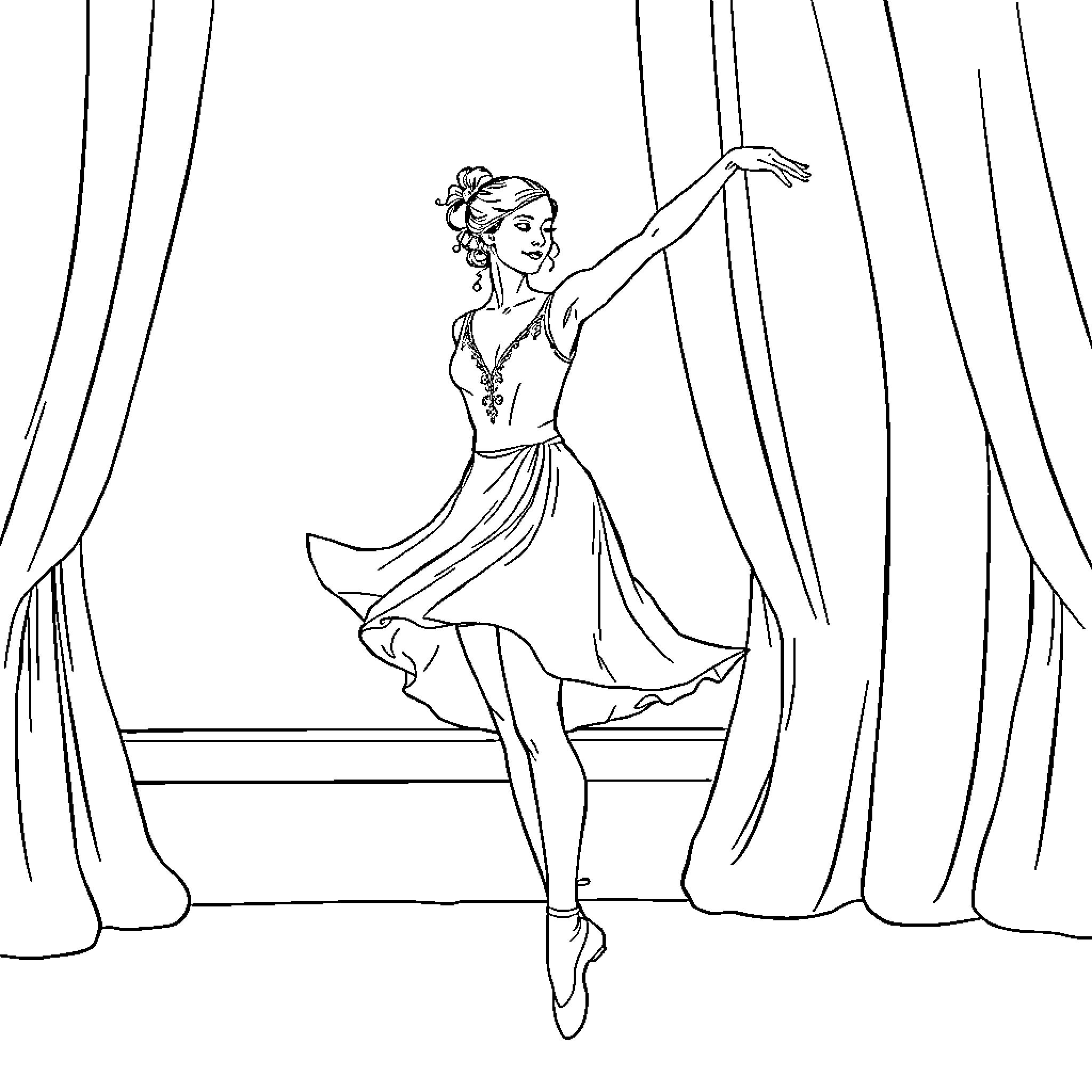 Ballerina performing graceful dance on stage Coloring Page (free black-and-white line drawing printable PDF for all, from beginners to advanced learners, including children, teens, adults, and seniors)