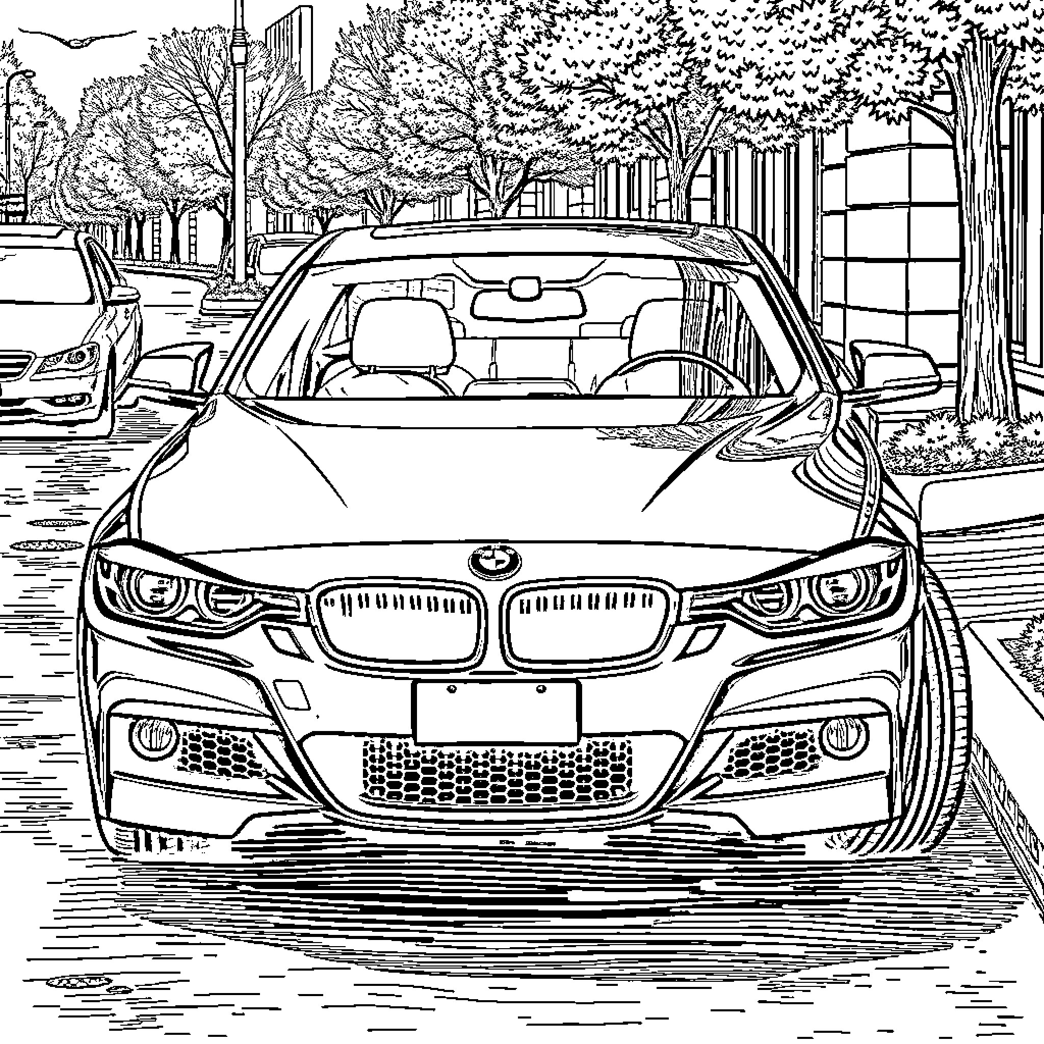 BMW cruising through a vibrant urban landscape Coloring Page (free black-and-white line drawing printable PDF for all, from beginners to advanced learners, including children, teens, adults, and seniors)