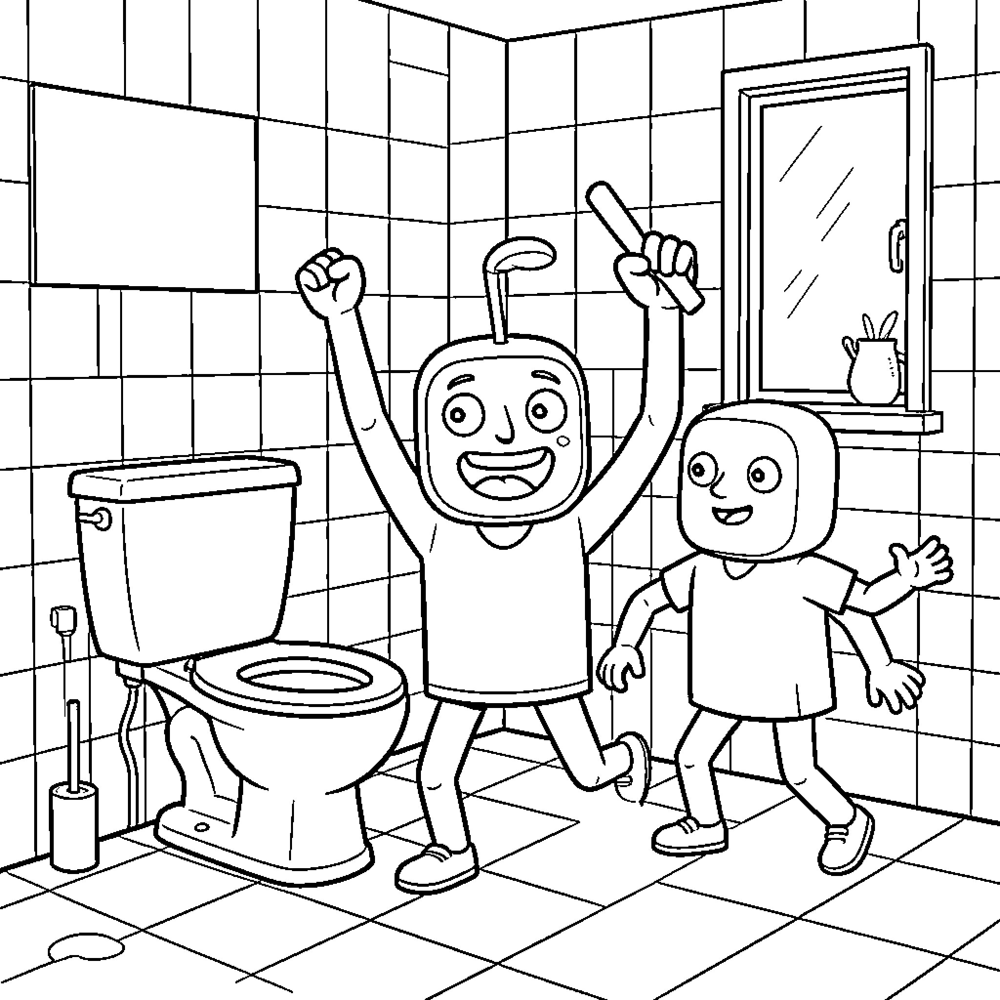 Skibidi characters dancing joyfully in a bathroom scene Coloring Page (free black-and-white line drawing printable PDF for all, from beginners to advanced learners, including children, teens, adults, and seniors)