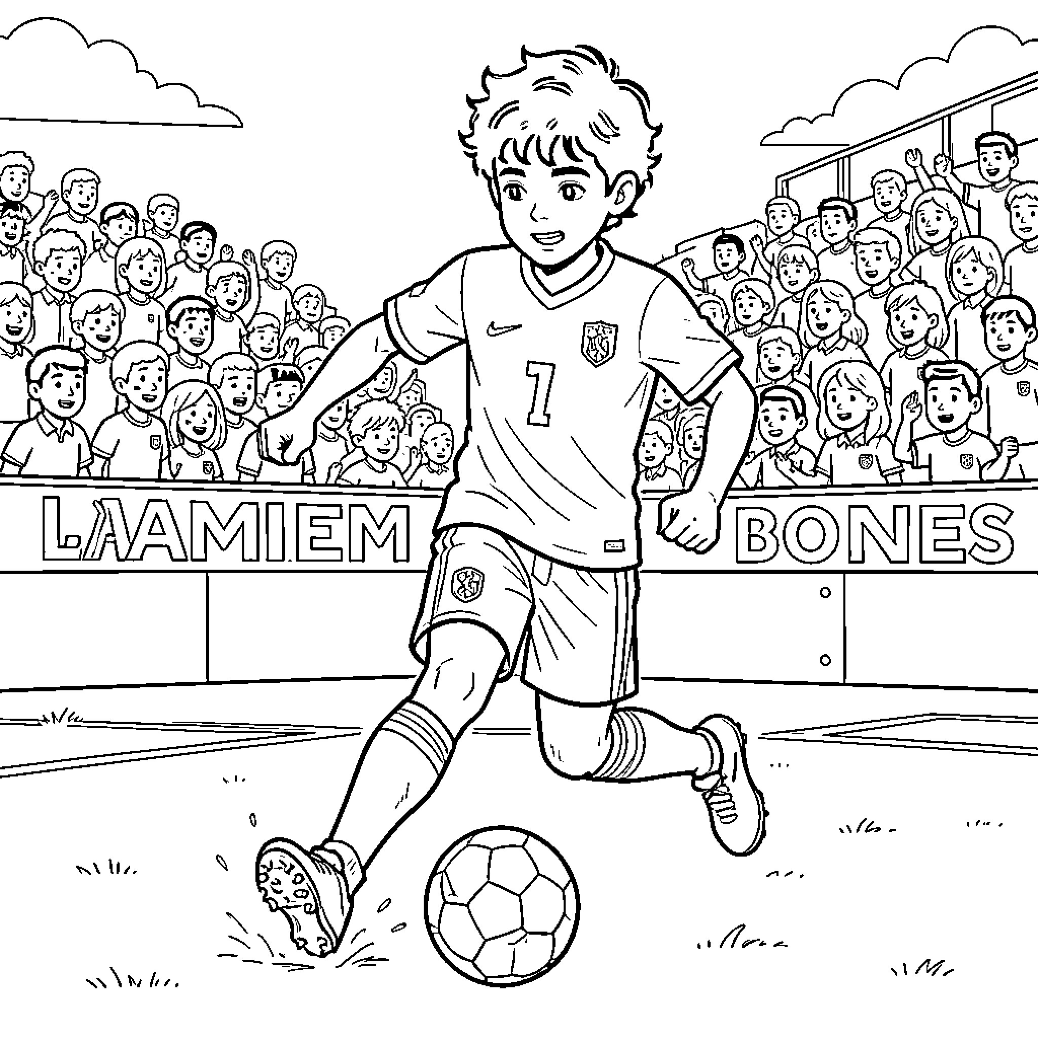 Lamine Yamal dribbling a soccer ball during a match Coloring Page (free black-and-white line drawing printable PDF for all, from beginners to advanced learners, including children, teens, adults, and seniors)