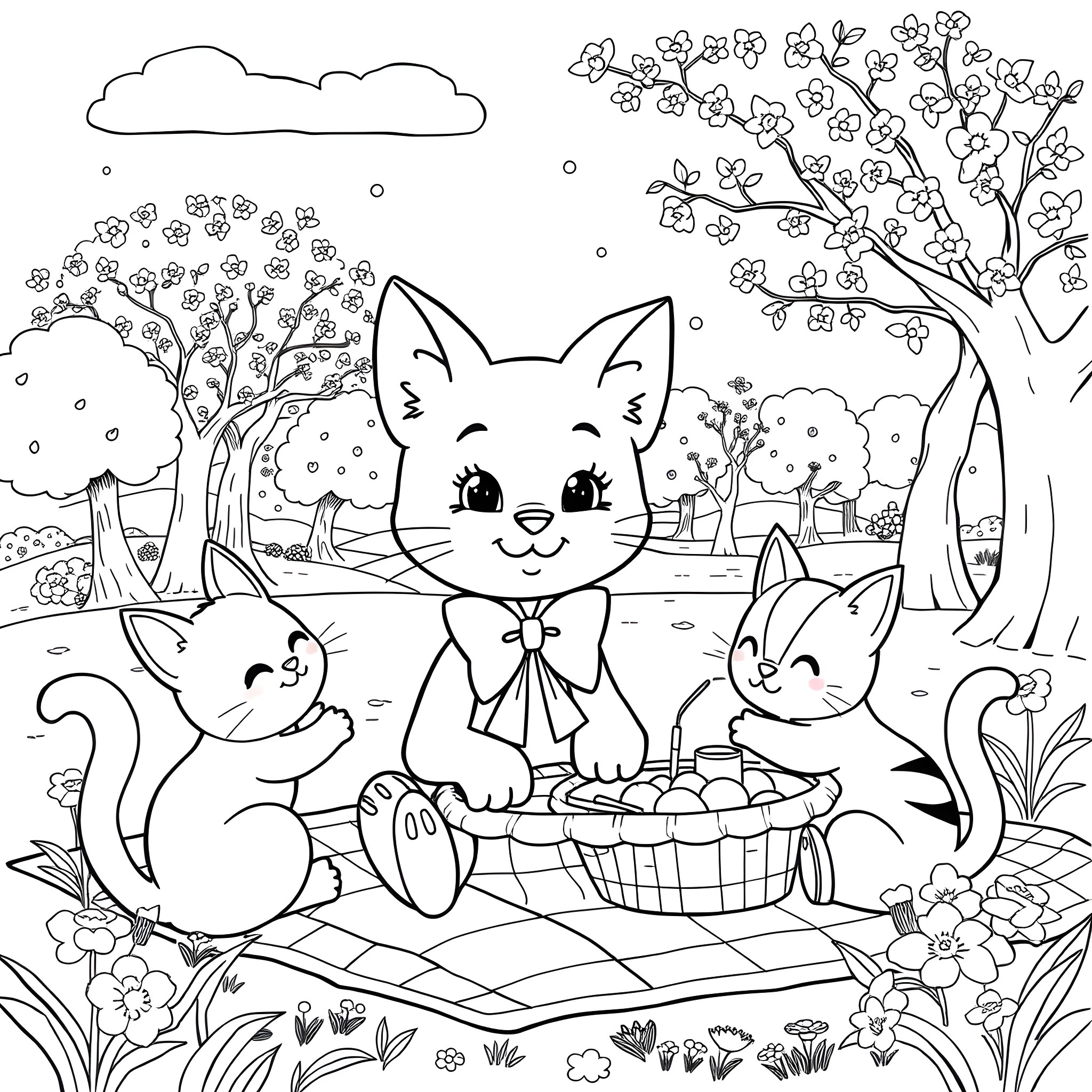 Hello Kitty and Friends Enjoy a Picnic in the Park Coloring Page (free black-and-white line drawing printable PDF for all, from beginners to advanced learners, including children, teens, adults, and seniors)