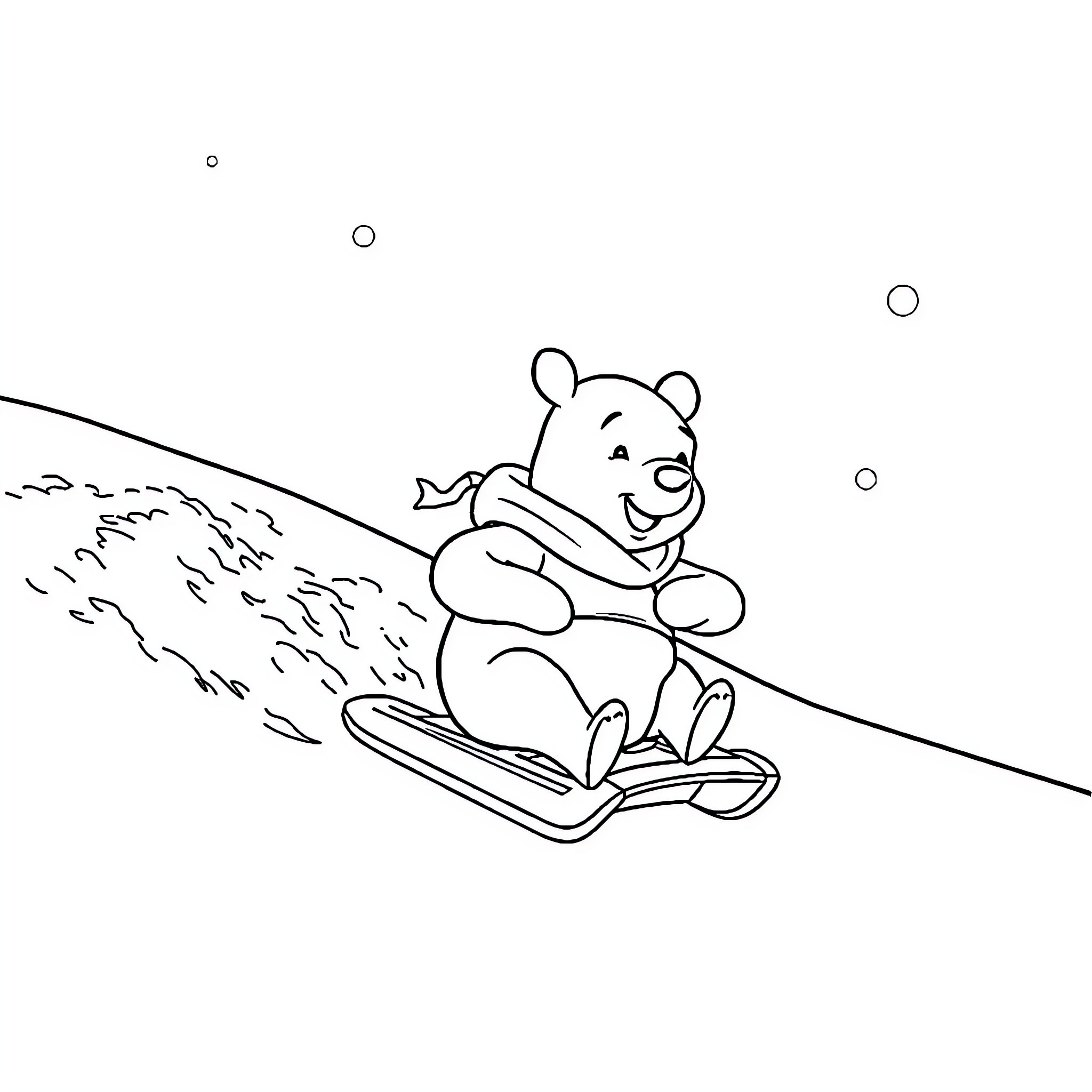 Winnie The Pooh enjoys a winter sled ride Coloring Page (free black-and-white line drawing printable PDF for all, from beginners to advanced learners, including children, teens, adults, and seniors)