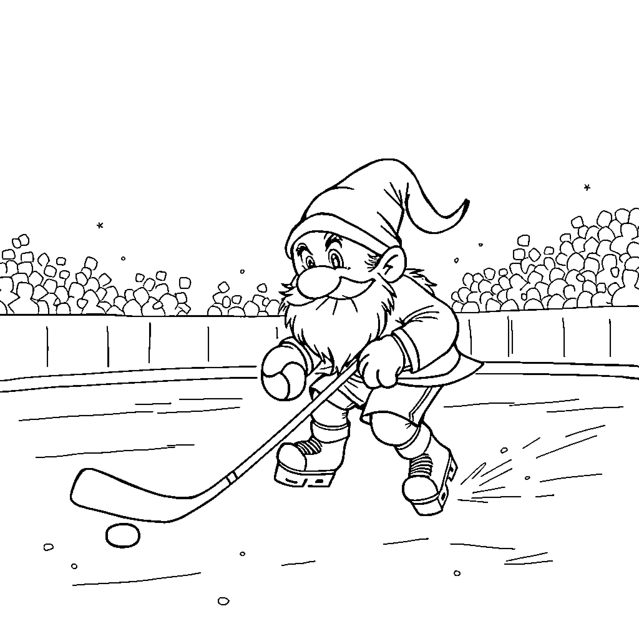 Darf Dwarf Dashing on the Ice Rink Coloring Page (free black-and-white line drawing printable PDF for all, from beginners to advanced learners, including children, teens, adults, and seniors)