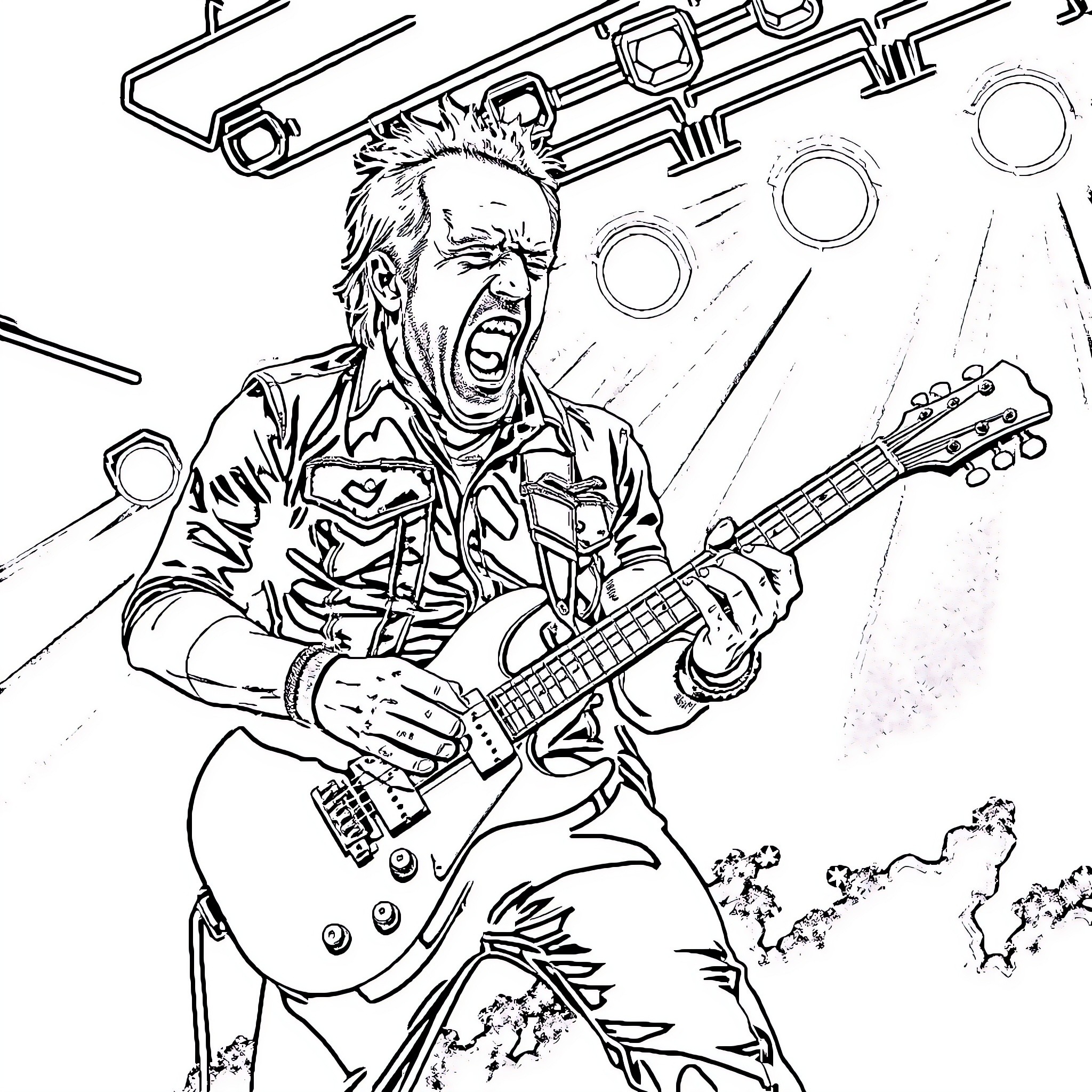 James Hetfield Performing on Stage with Guitar Coloring Page (free black-and-white line drawing printable PDF for all, from beginners to advanced learners, including children, teens, adults, and seniors)