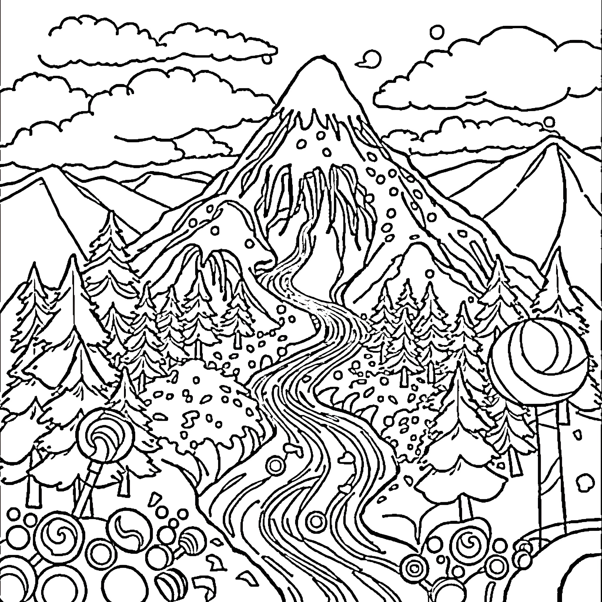Candy Winter Wonderland Landscape Coloring Page (free black-and-white line drawing printable PDF for all, from beginners to advanced learners, including children, teens, adults, and seniors)