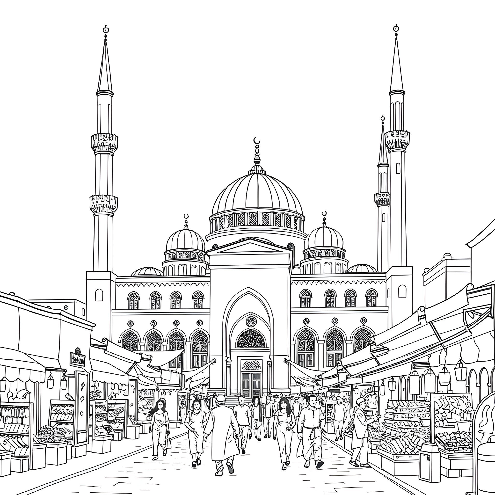 Mosque with people walking in the bustling market Coloring Page (free black-and-white line drawing printable PDF for all, from beginners to advanced learners, including children, teens, adults, and seniors)