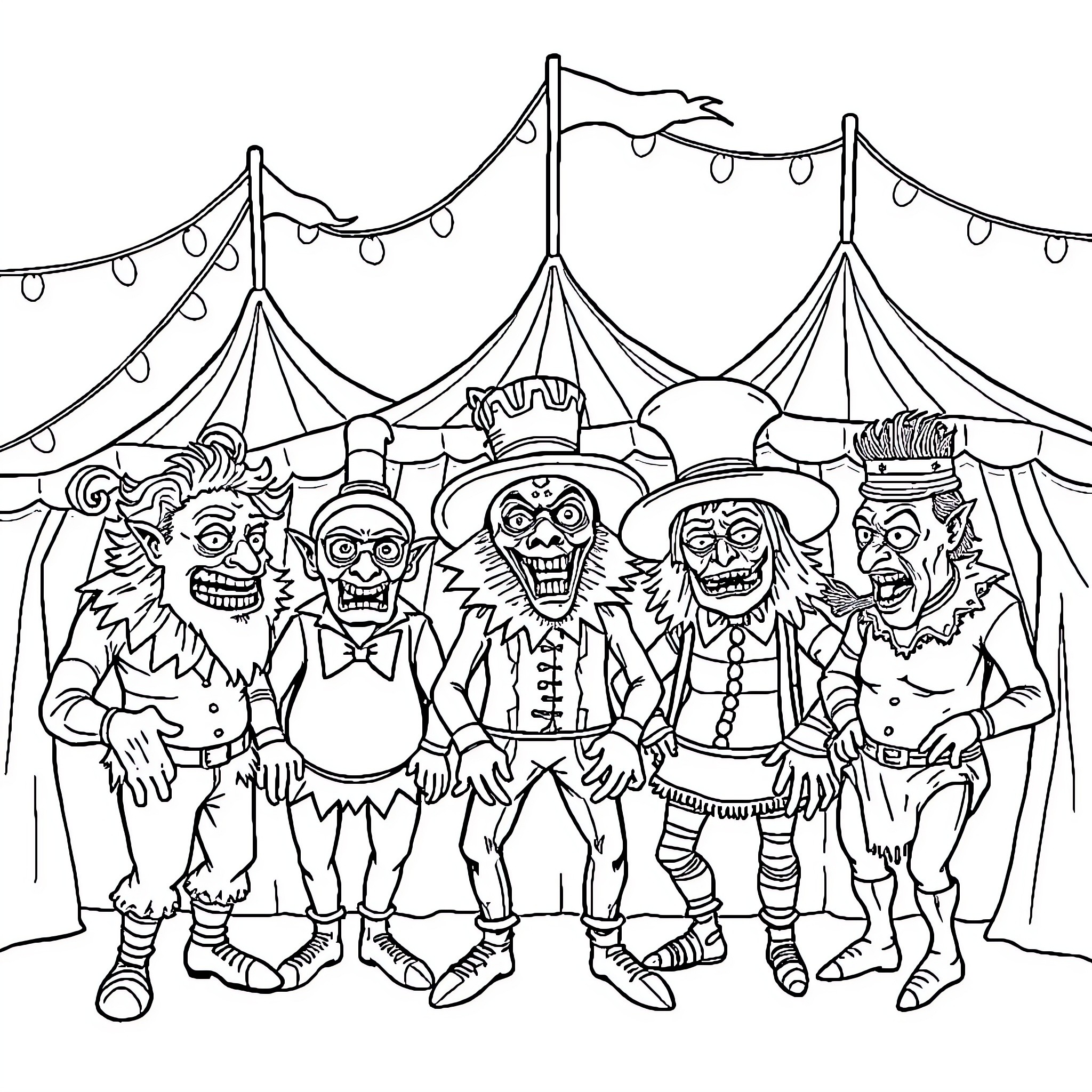 Sideshow Freaks Performing at the Circus Tent Coloring Page (free black-and-white line drawing printable PDF for all, from beginners to advanced learners, including children, teens, adults, and seniors)