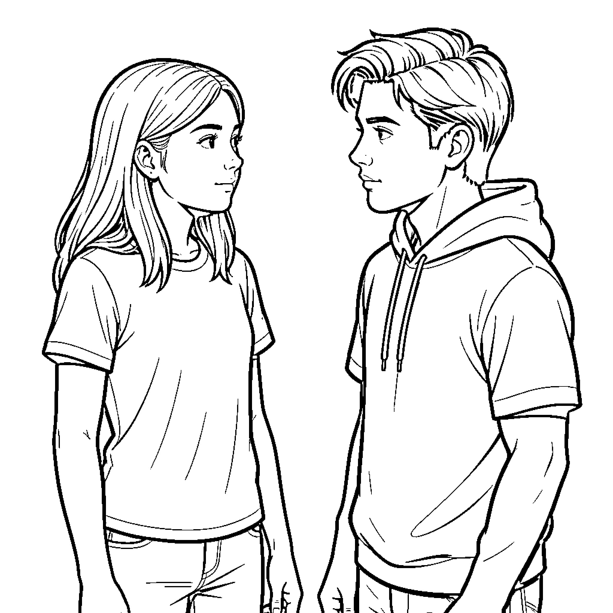 Teen Girl and boy looking at each other Coloring Page (free black-and-white line drawing printable PDF for all, from beginners to advanced learners, including children, teens, adults, and seniors)