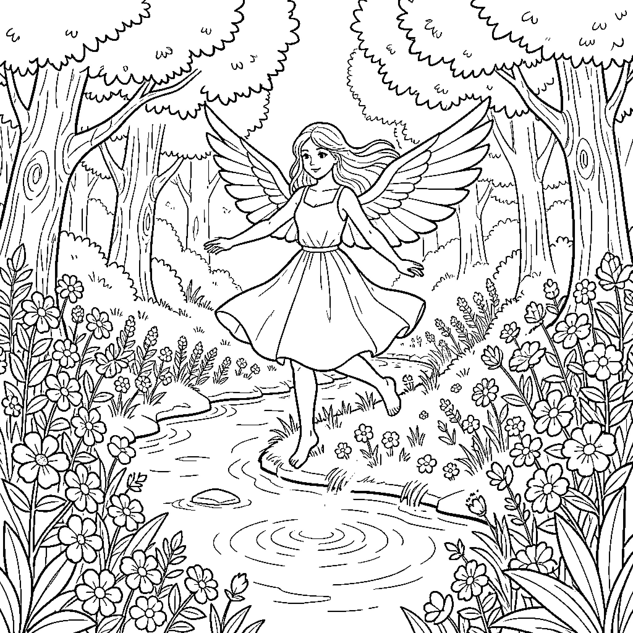Hada Fairy in the Enchanted Forest Coloring Page (free black-and-white line drawing printable PDF for all, from beginners to advanced learners, including children, teens, adults, and seniors)