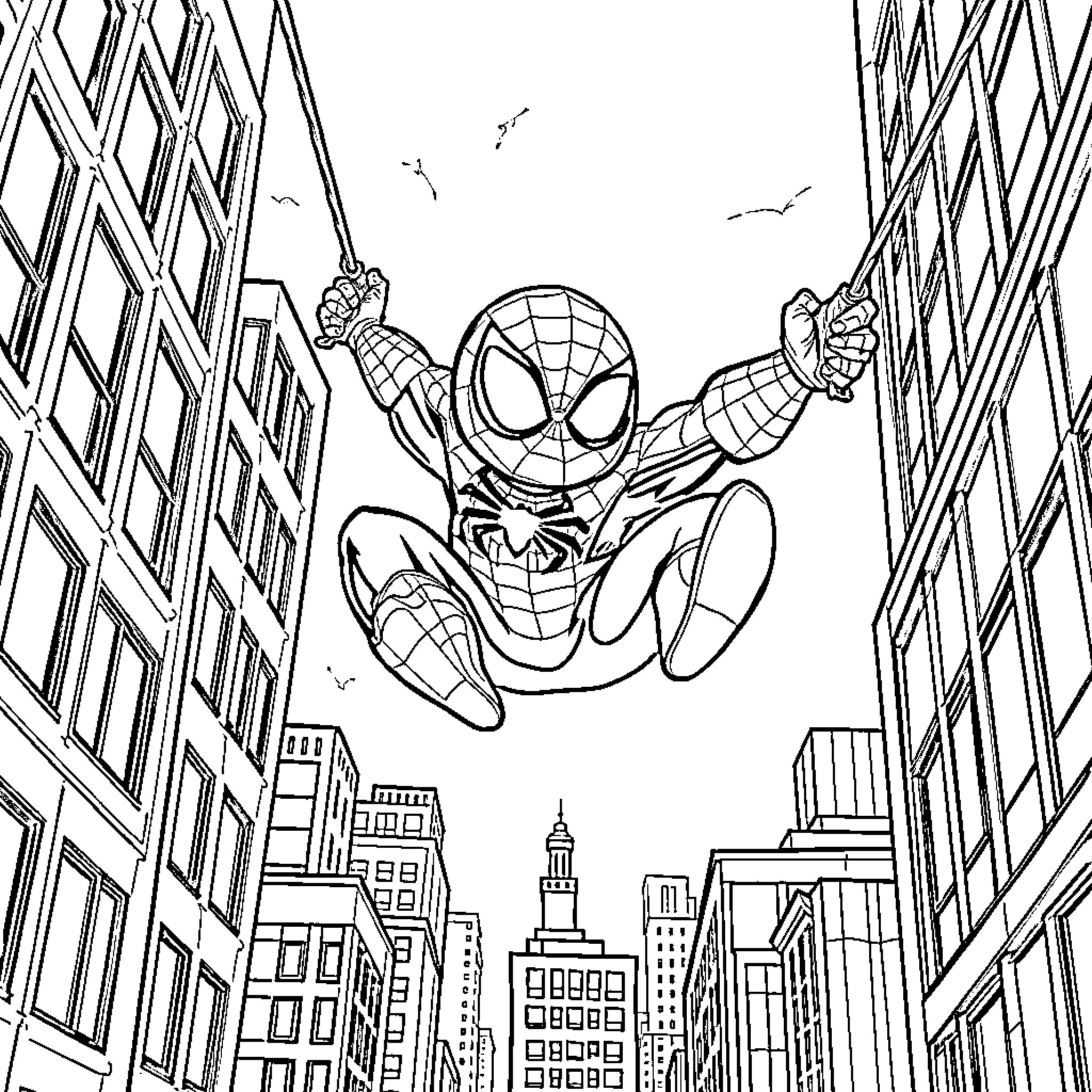 Spiderman swinging through the city skyline Coloring Page (free black-and-white line drawing printable PDF for all, from beginners to advanced learners, including children, teens, adults, and seniors)