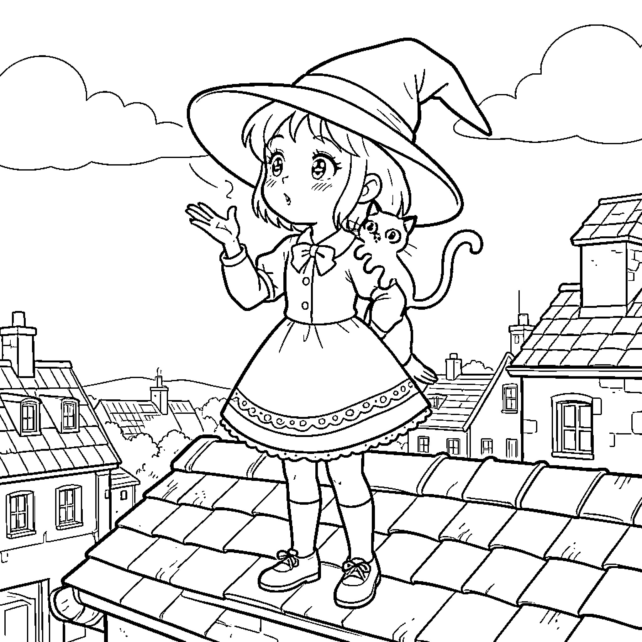 Kiki standing on a roof with her cat Coloring Page (free black-and-white line drawing printable PDF for all, from beginners to advanced learners, including children, teens, adults, and seniors)