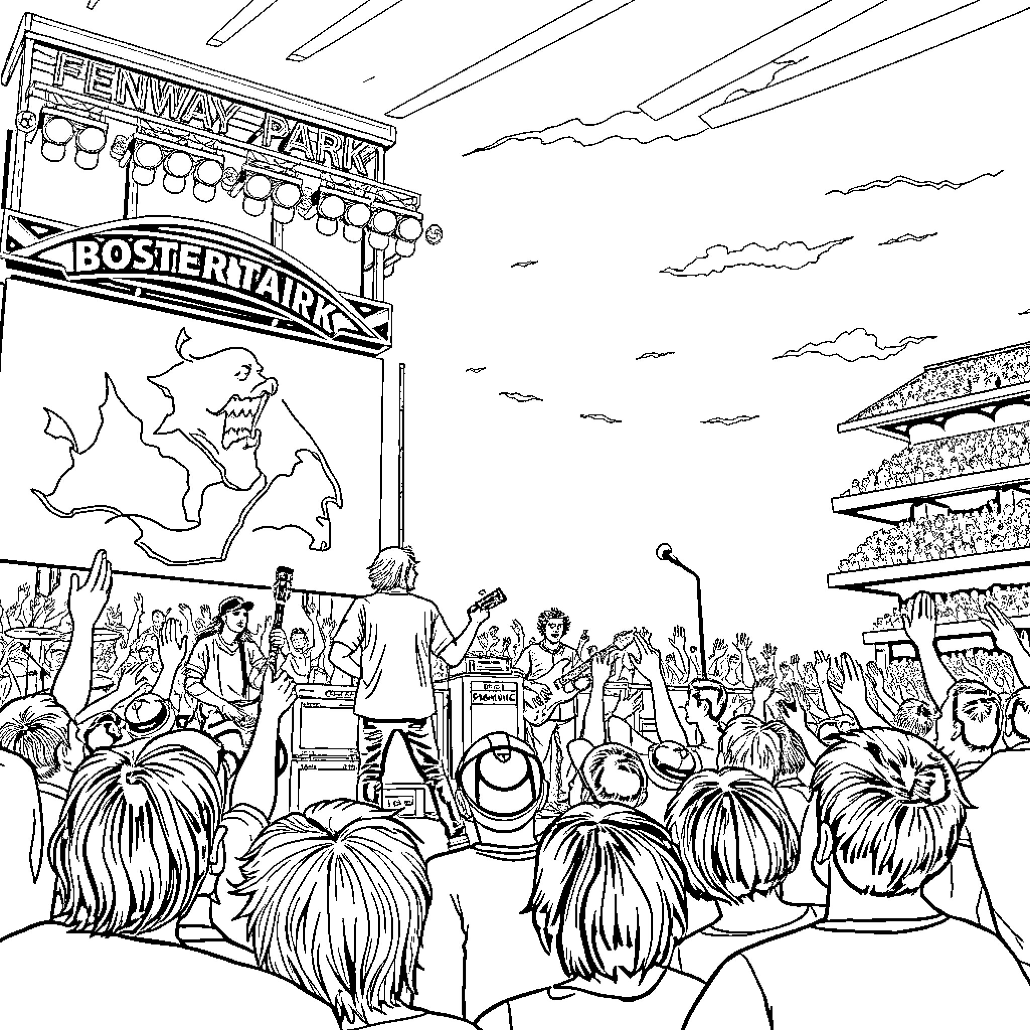 Pearl Jam performing on stage with energetic crowd Coloring Page (free black-and-white line drawing printable PDF for all, from beginners to advanced learners, including children, teens, adults, and seniors)