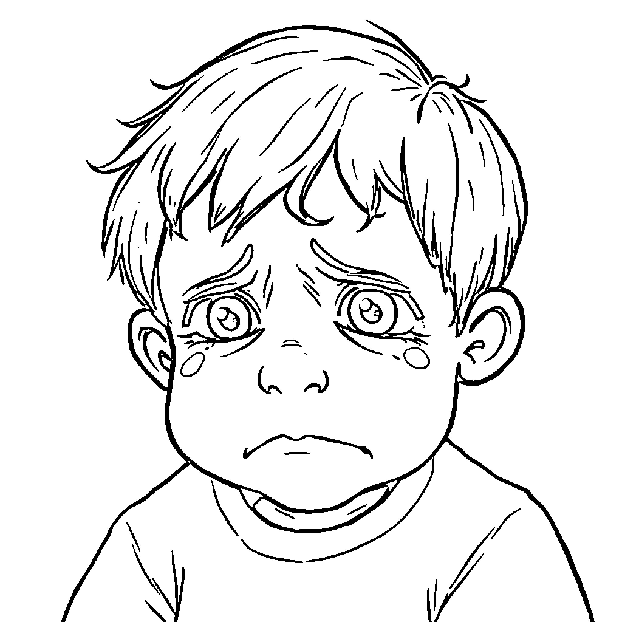 Child with a sad expression on their face Coloring Page (free black-and-white line drawing printable PDF for all, from beginners to advanced learners, including children, teens, adults, and seniors)