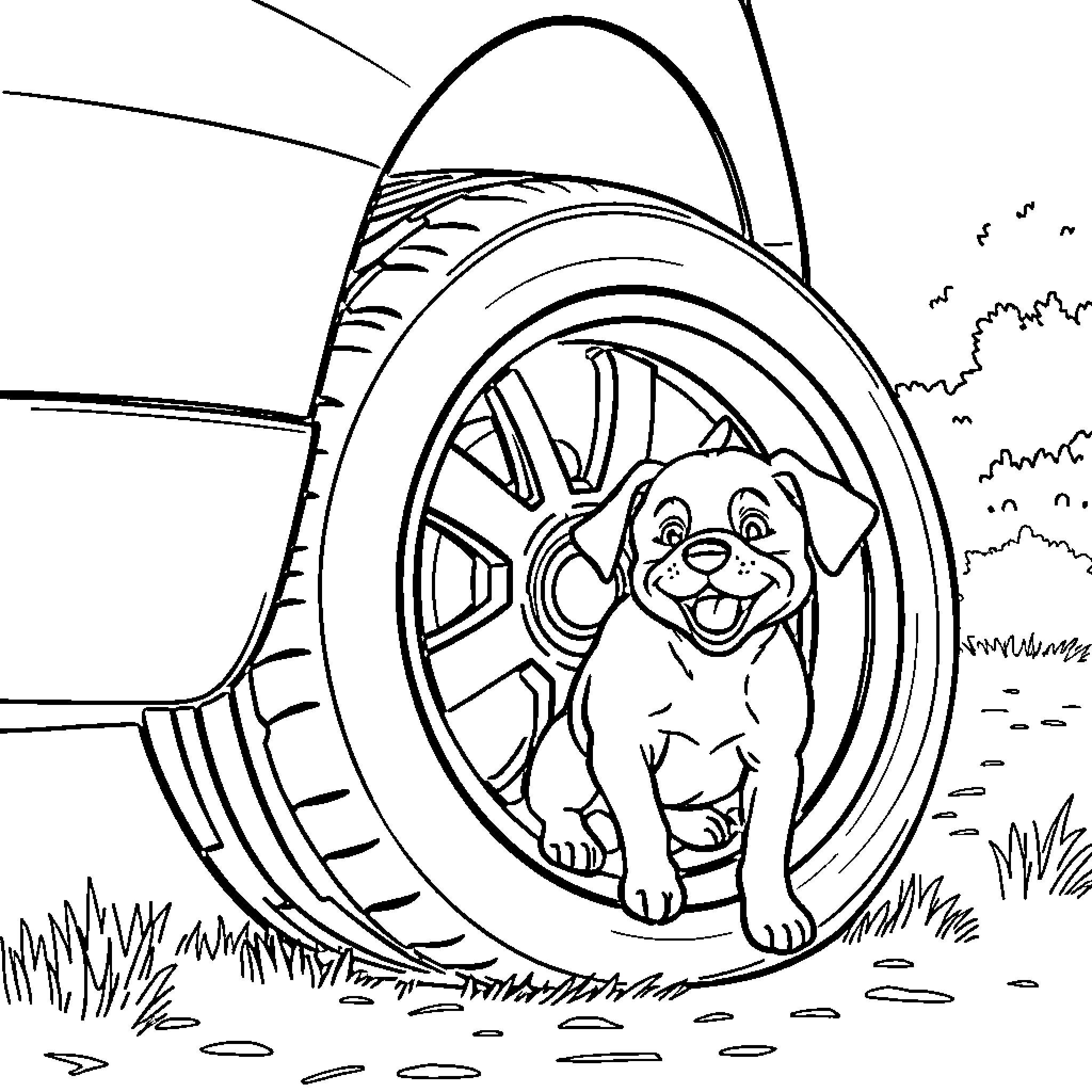 Dog peering out from tire swing in nature Coloring Page (free black-and-white line drawing printable PDF for all, from beginners to advanced learners, including children, teens, adults, and seniors)