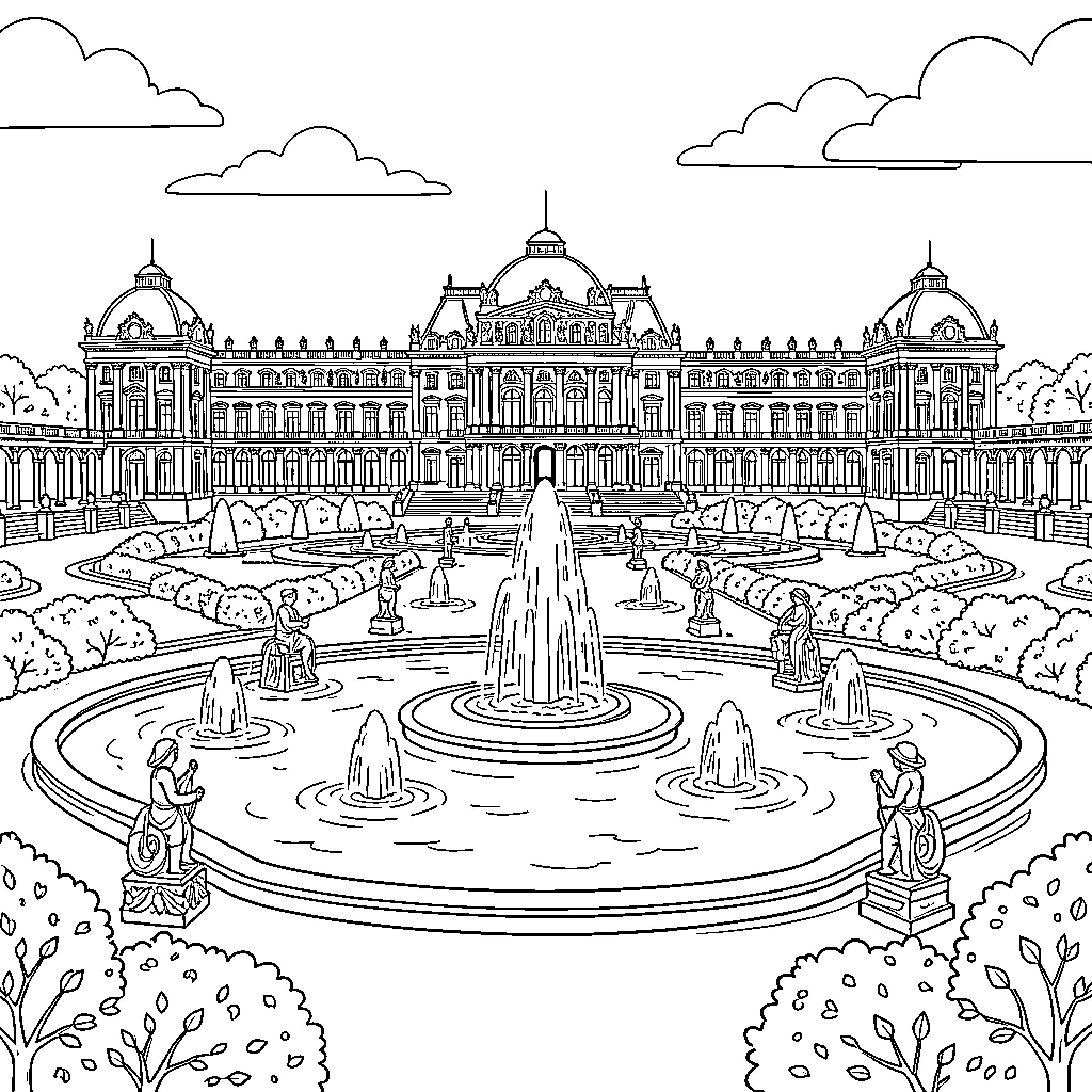Versailles: Grand palace with ornate fountains and gardens Coloring Page (free black-and-white line drawing printable PDF for all, from beginners to advanced learners, including children, teens, adults, and seniors)