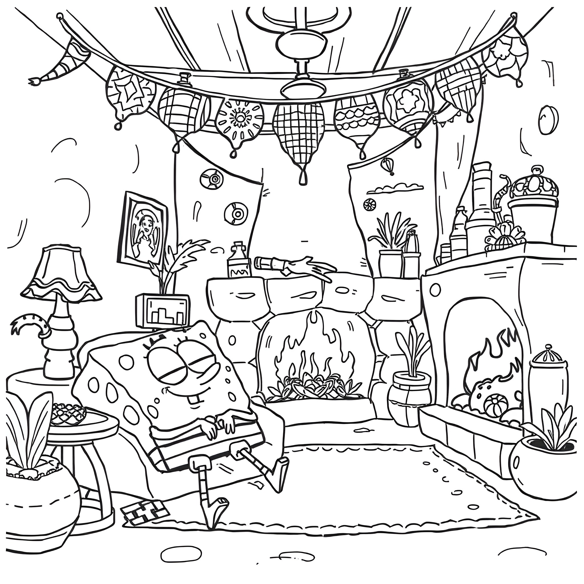 Spongebob's Cozy and Quirky Living Room Coloring Page (free black-and-white line drawing printable PDF for all, from beginners to advanced learners, including children, teens, adults, and seniors)