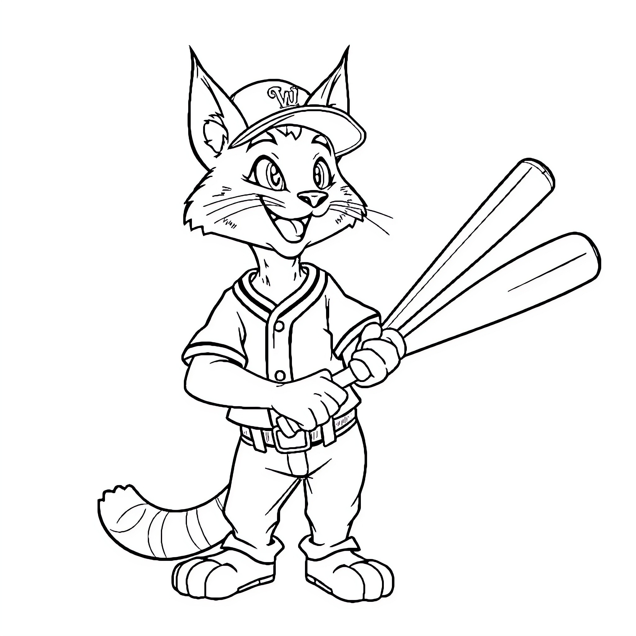 Lynx baseball player holding bat Coloring Page (free black-and-white line drawing printable PDF for all, from beginners to advanced learners, including children, teens, adults, and seniors)